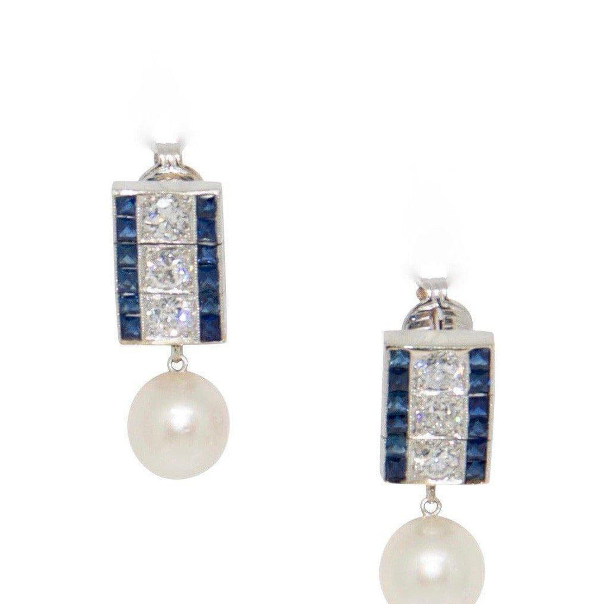 Antique Sapphire, Diamond, and Pearl Drop Earrings