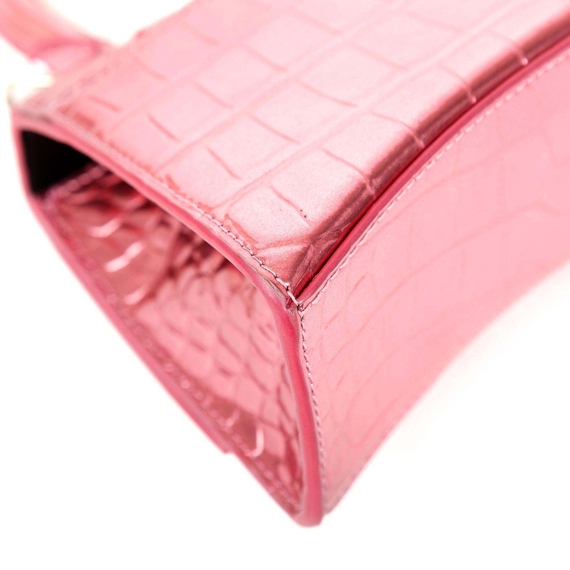 Balenciaga Pink Metallic Croc-Embossed Hourglass XS Top Handle Bag w/ Strap