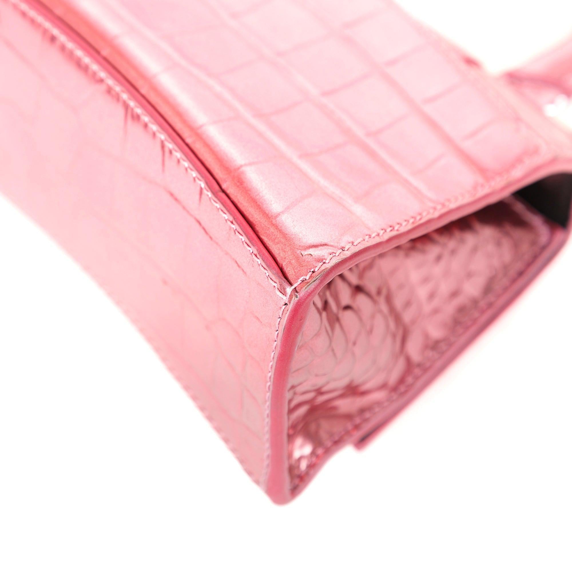 Balenciaga Pink Metallic Croc-Embossed Hourglass XS Top Handle Bag w/ Strap