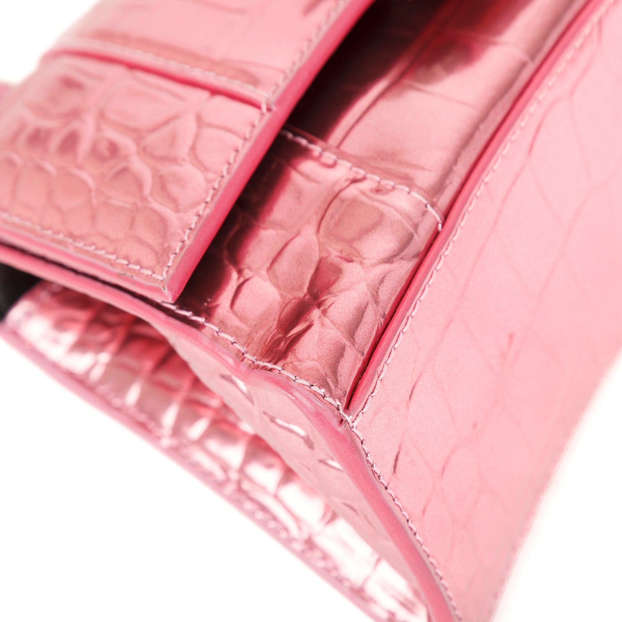 Balenciaga Pink Metallic Croc-Embossed Hourglass XS Top Handle Bag w/ Strap