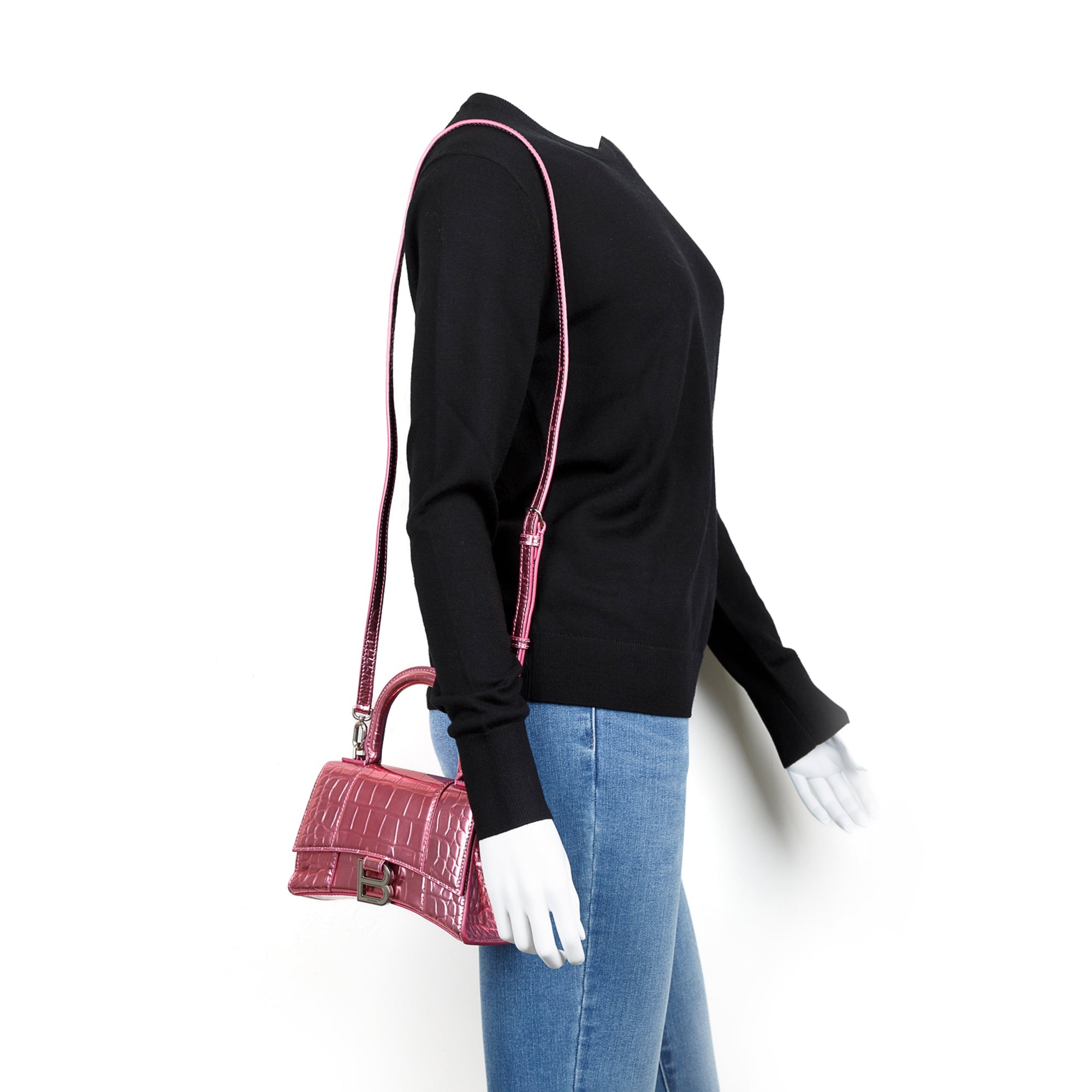 Balenciaga Pink Metallic Croc-Embossed Hourglass XS Top Handle Bag w/ Strap