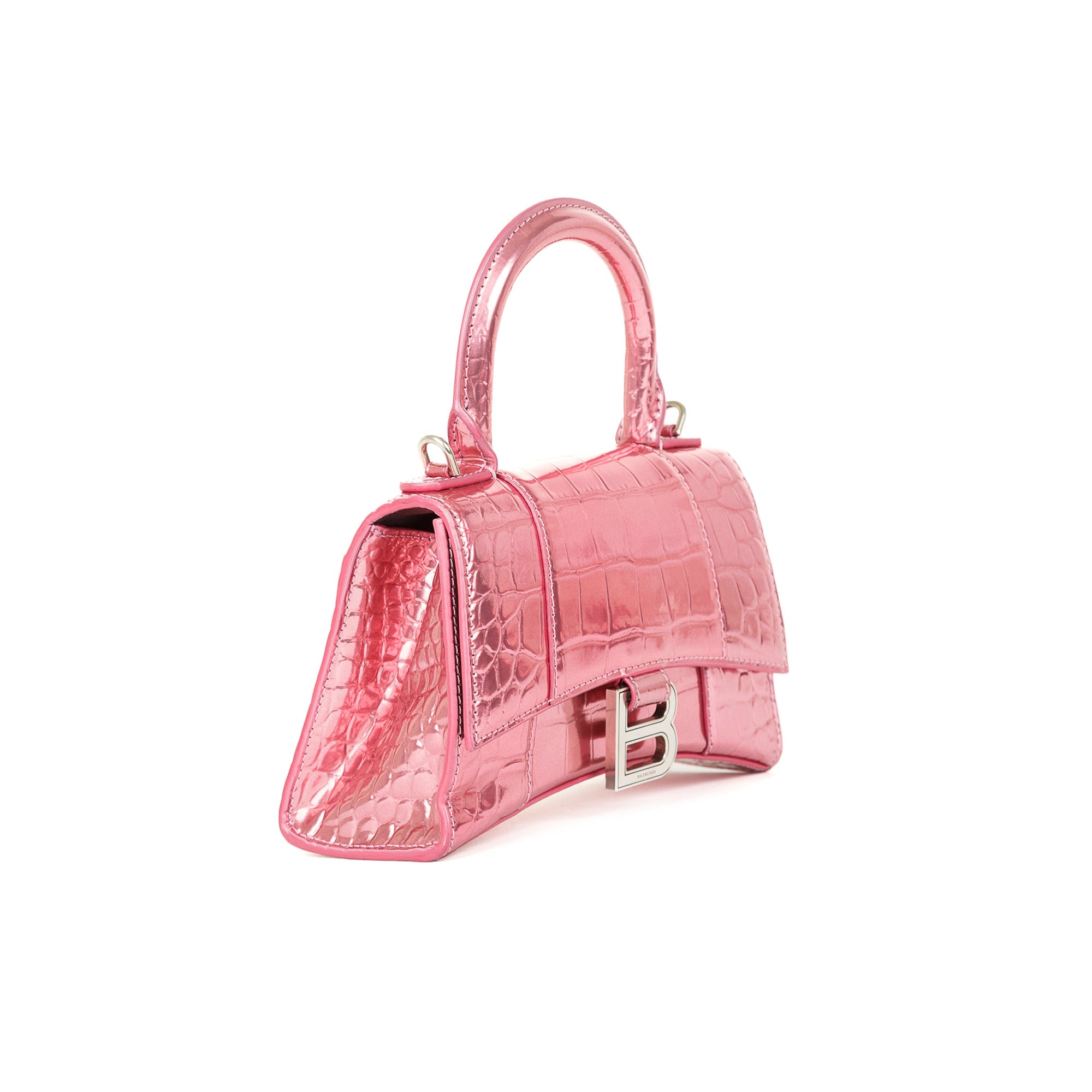 Balenciaga Pink Metallic Croc-Embossed Hourglass XS Top Handle Bag w/ Strap