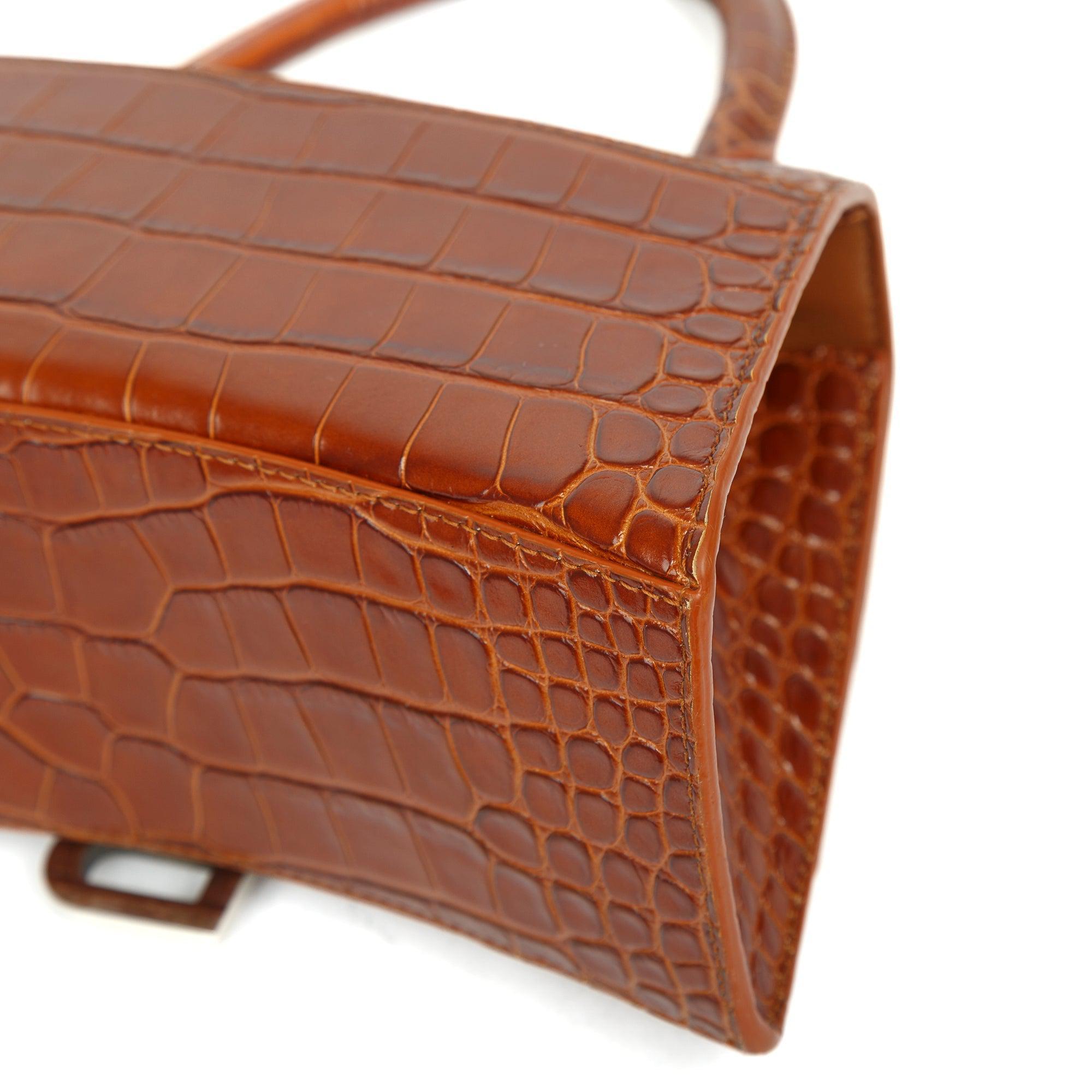 Balenciaga Small Brown Croc-Embossed Hourglass Top Handle Bag W/ Strap
