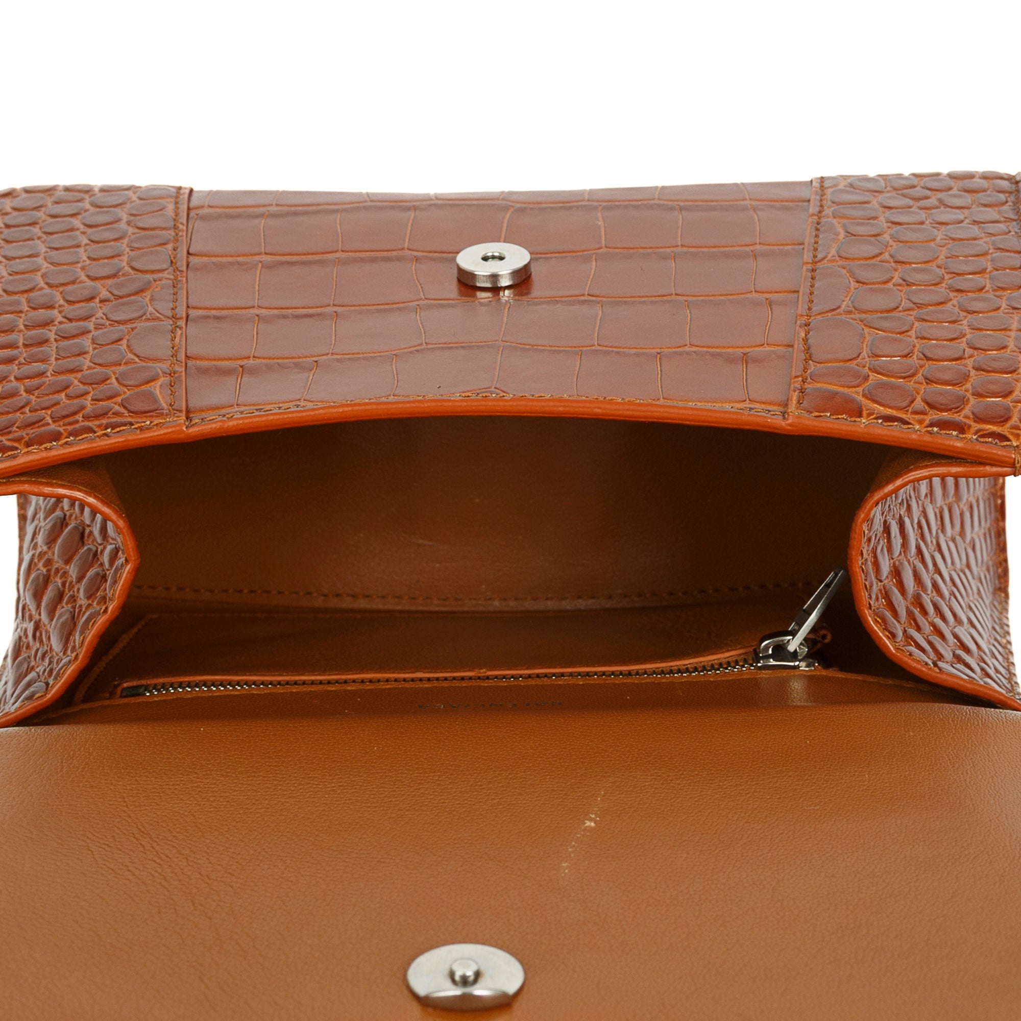 Balenciaga Small Brown Croc-Embossed Hourglass Top Handle Bag W/ Strap