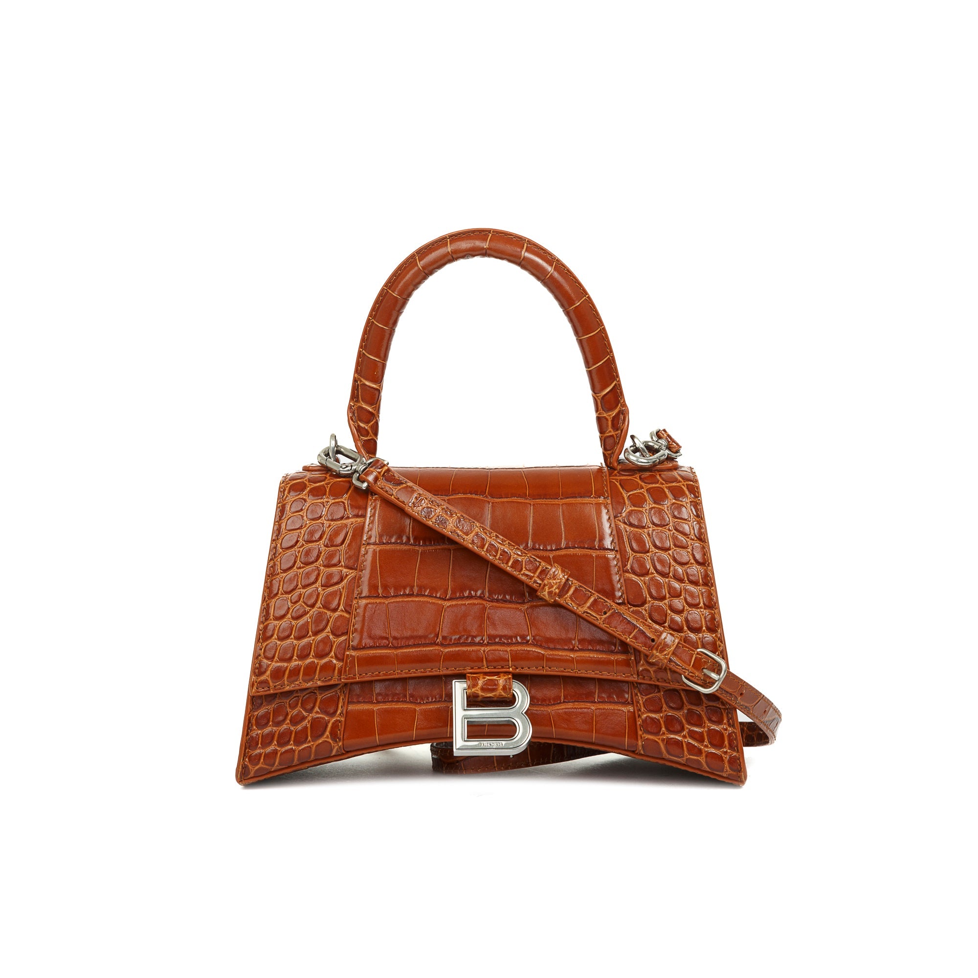 Balenciaga Small Brown Croc-Embossed Hourglass Top Handle Bag W/ Strap