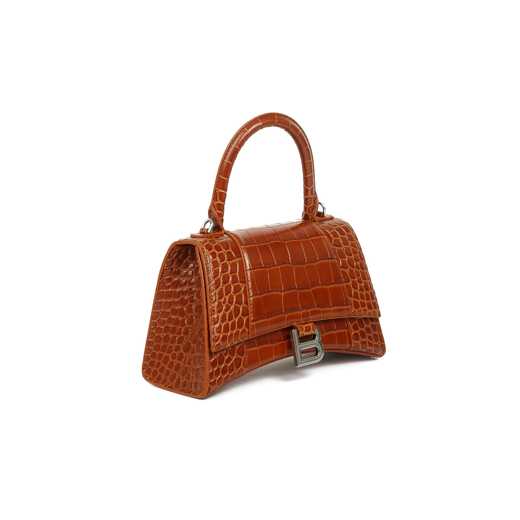 Balenciaga Small Brown Croc-Embossed Hourglass Top Handle Bag W/ Strap