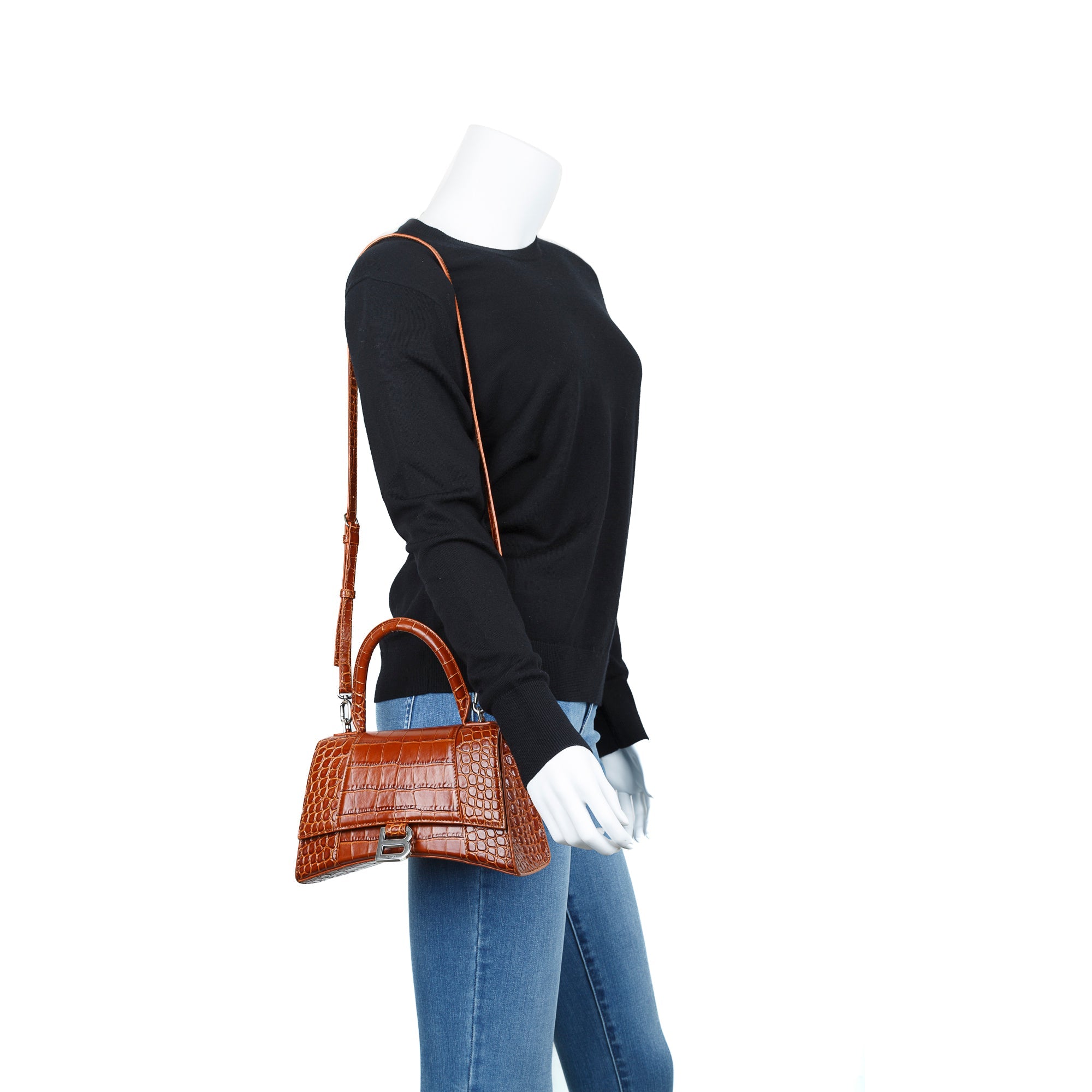 Balenciaga Small Brown Croc-Embossed Hourglass Top Handle Bag W/ Strap