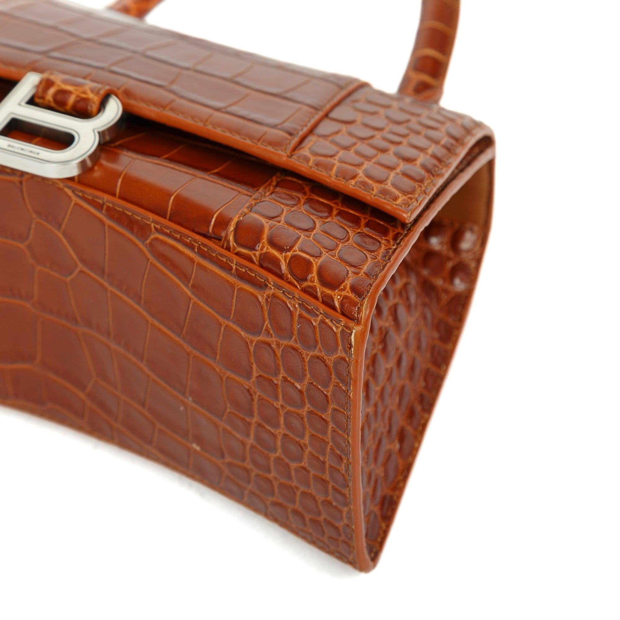 Balenciaga Small Brown Croc-Embossed Hourglass Top Handle Bag W/ Strap