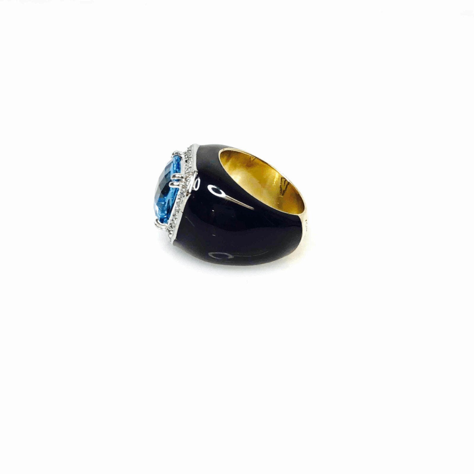 Blue Topaz and Diamond Ring in 18kt Yellow and White Gold with Black Enamel Finish