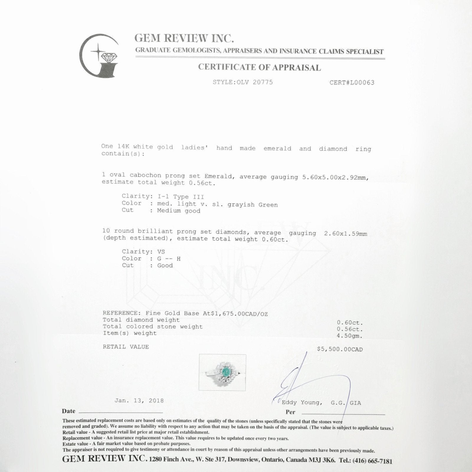 Cabochon Emerald and Diamond Ring in 14kt White Gold