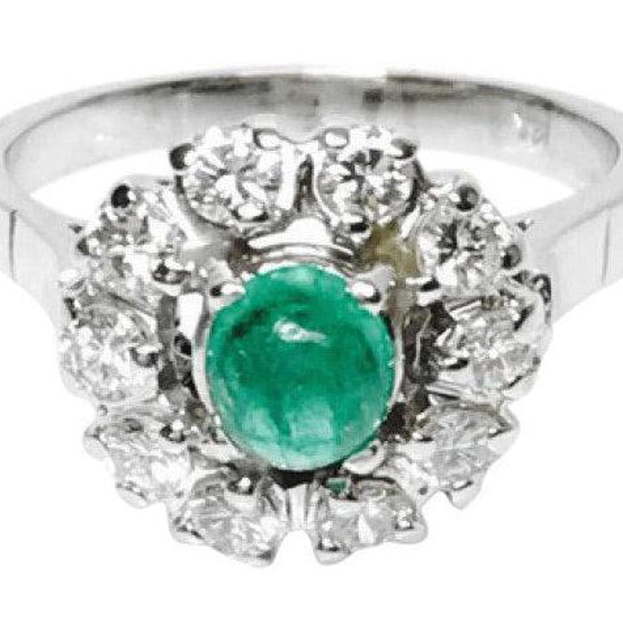 Cabochon Emerald and Diamond Ring in 14kt White Gold