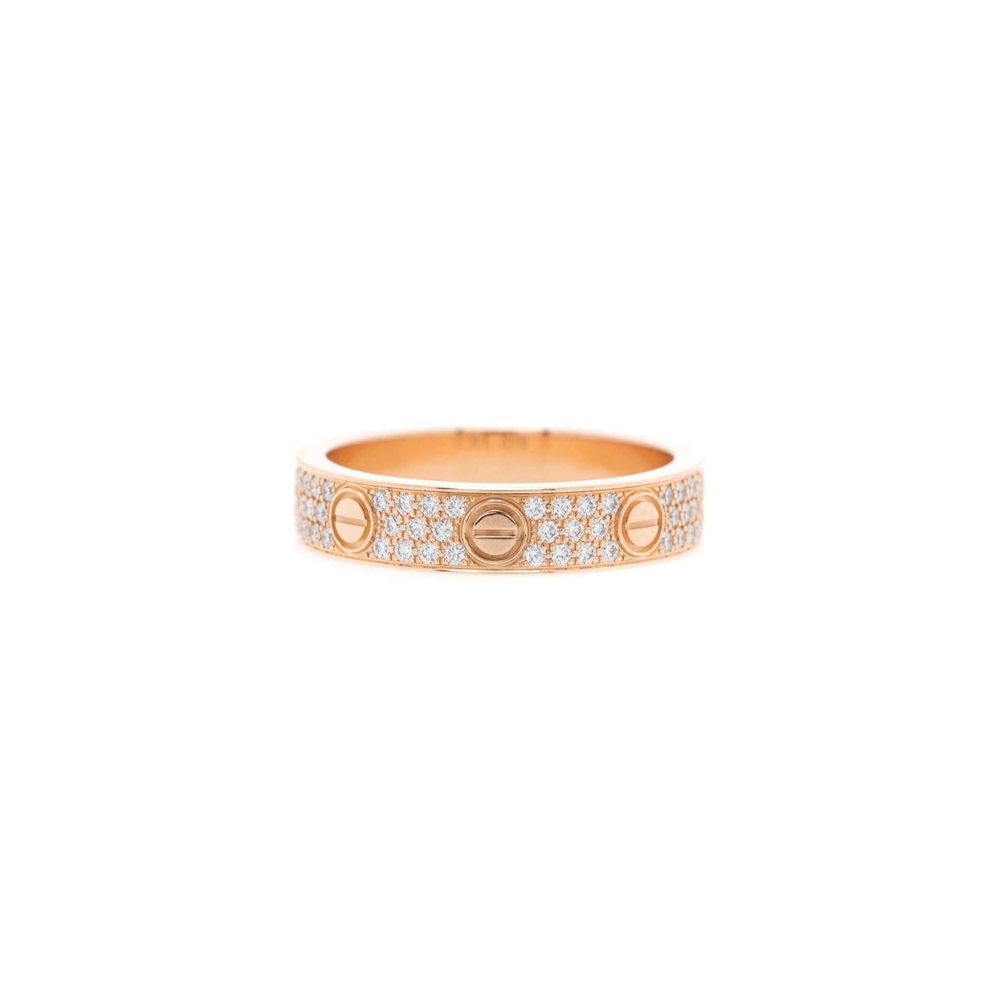 Cartier 18k Rose Gold Pave Diamond Love Wedding Band Ring w/ Box, Receipt & Certificate