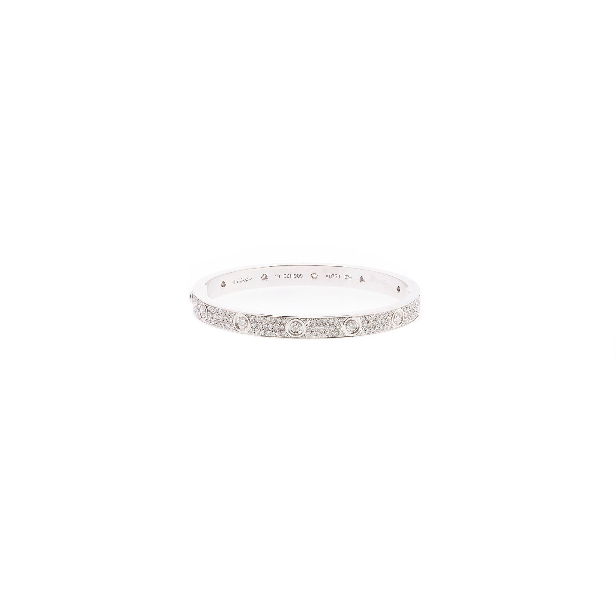 Cartier 18k White Gold Paved Diamond Love Bracelet w/ Box, Receipt & Certificate