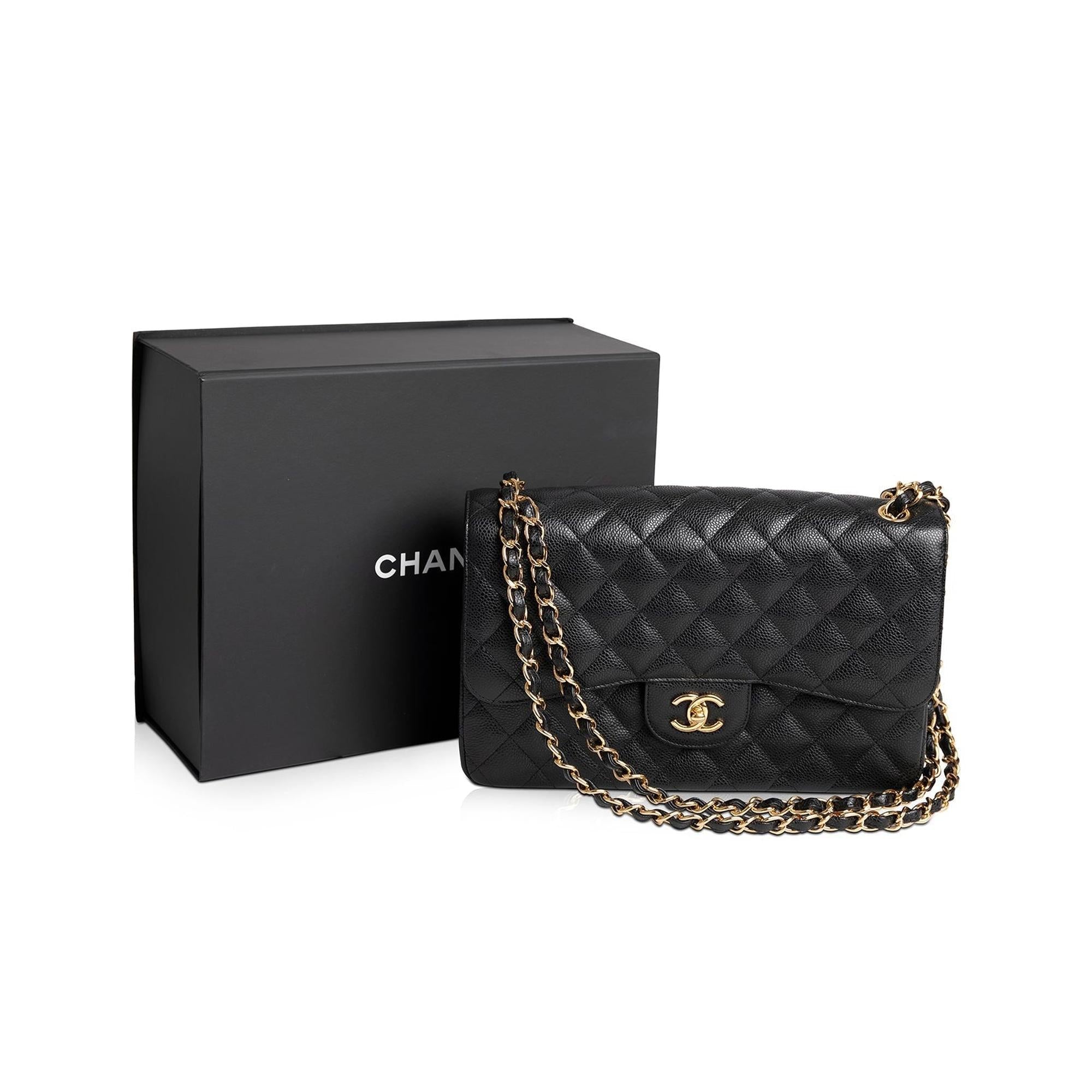 Chanel 2020 Black Caviar Classic Jumbo Double Flap Bag w/ Box, Receipt & Authenticity Card