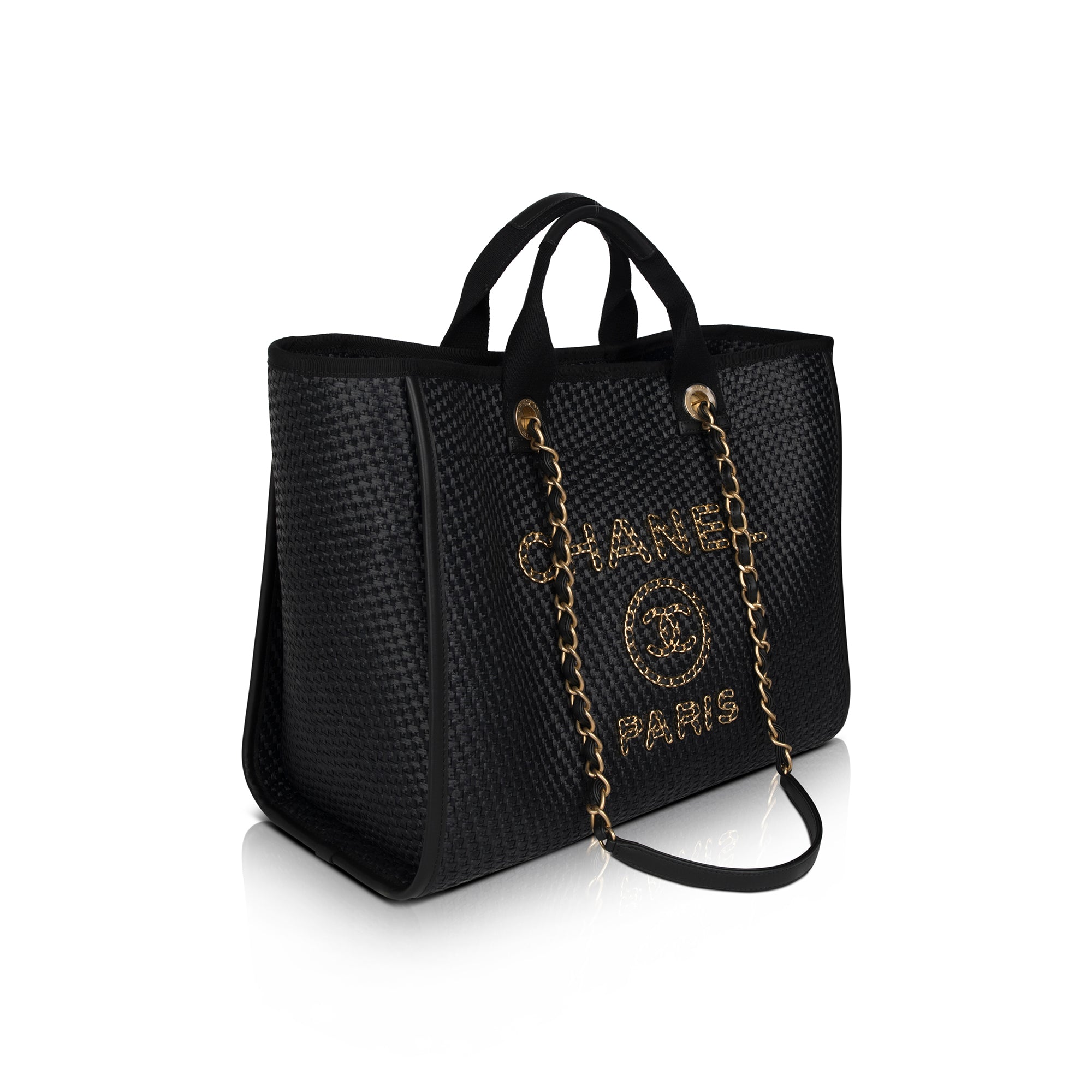 Chanel 2021 Straw Raffia Calfskin Chain Medium Deauville Tote w/ Box, Receipt & Authenticity Card