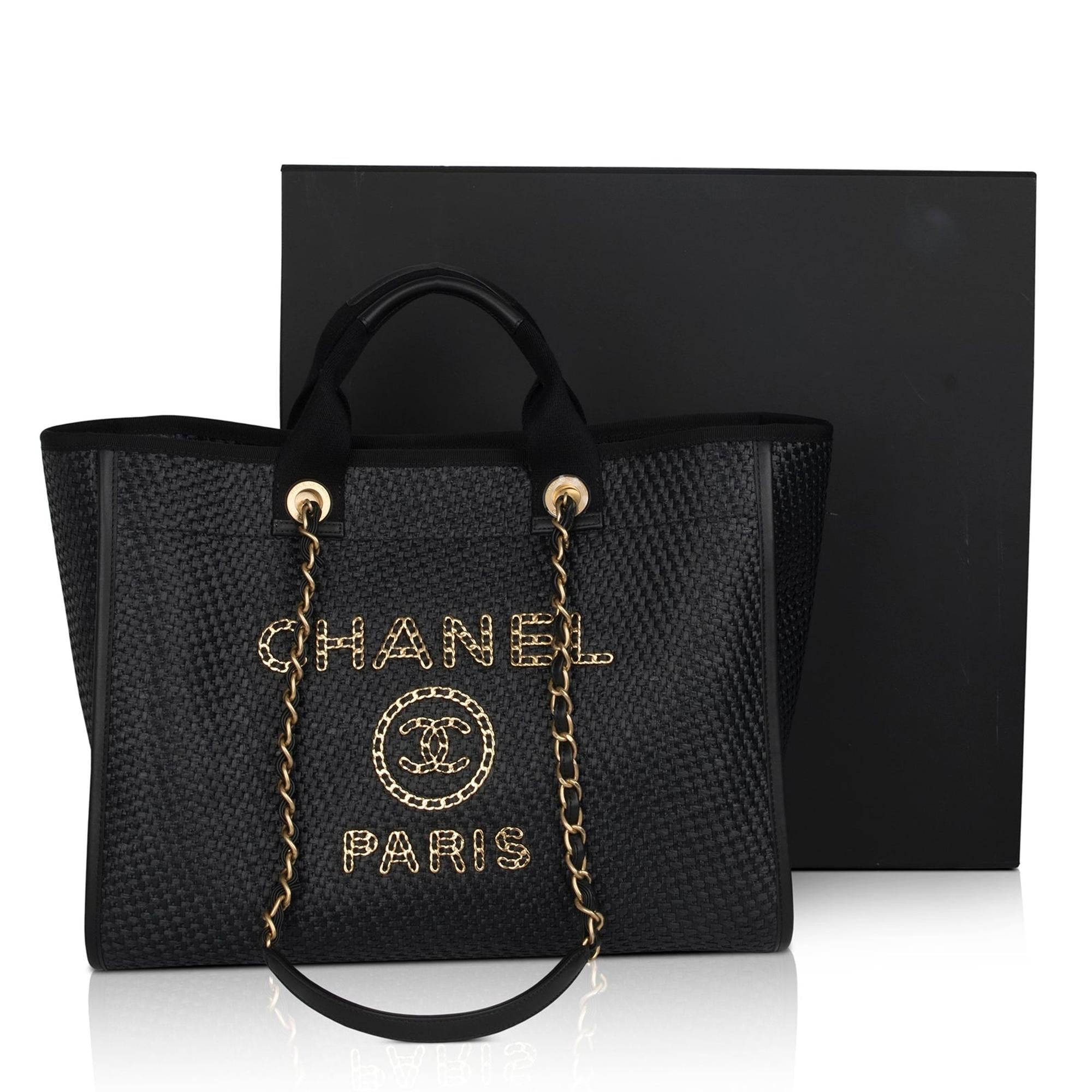 Chanel 2021 Straw Raffia Calfskin Chain Medium Deauville Tote w/ Box, Receipt & Authenticity Card
