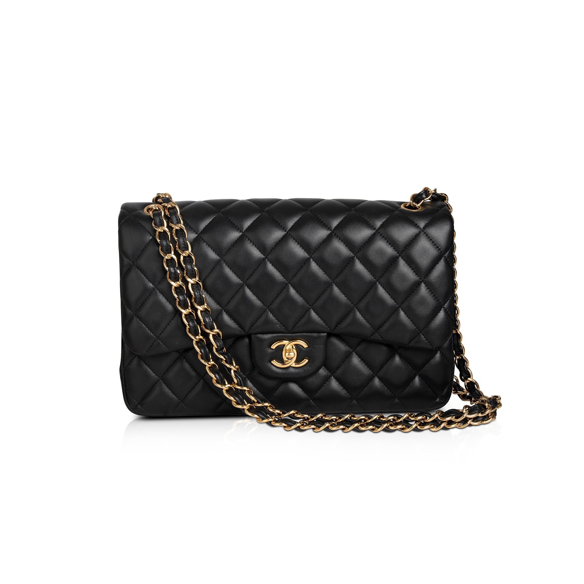 Chanel 2022 Black Lambskin Classic Jumbo Double Flap Bag w/ Box