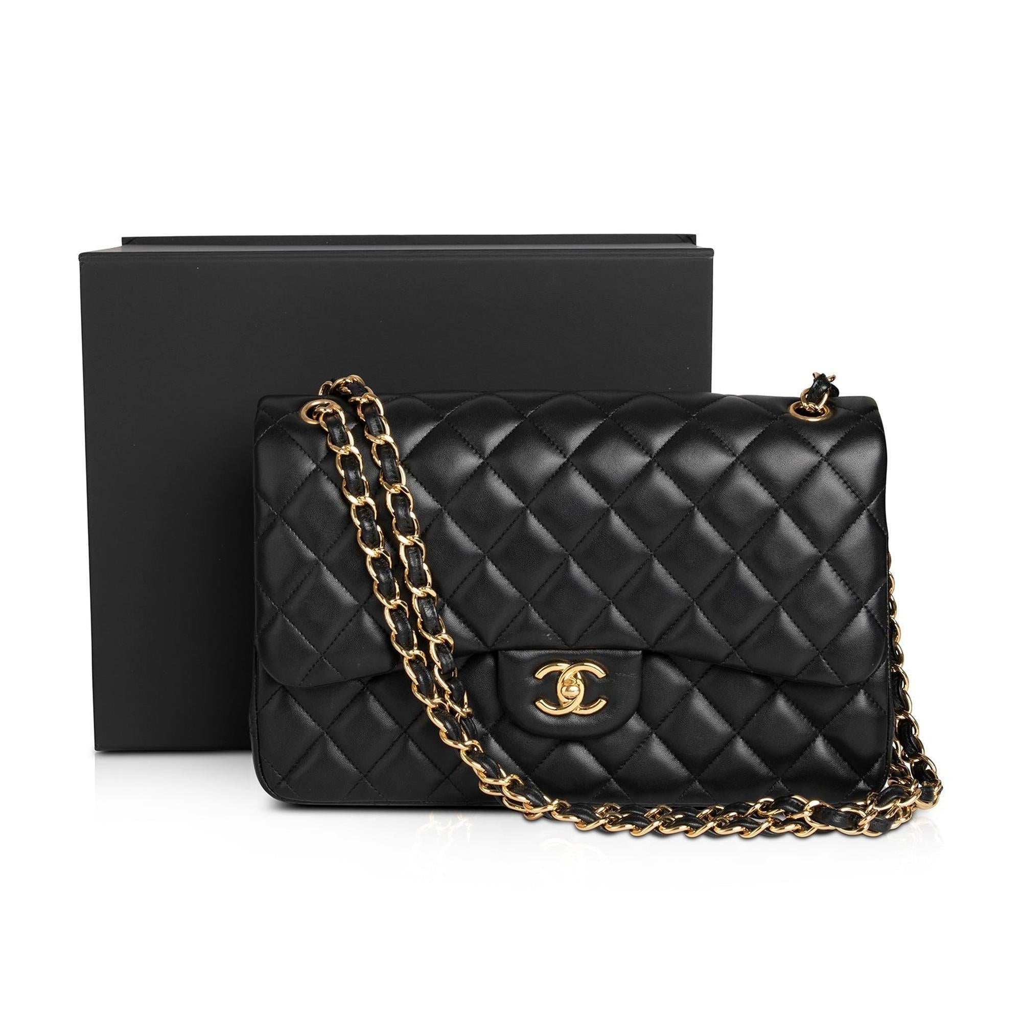 Chanel 2022 Black Lambskin Classic Jumbo Double Flap Bag w/ Box
