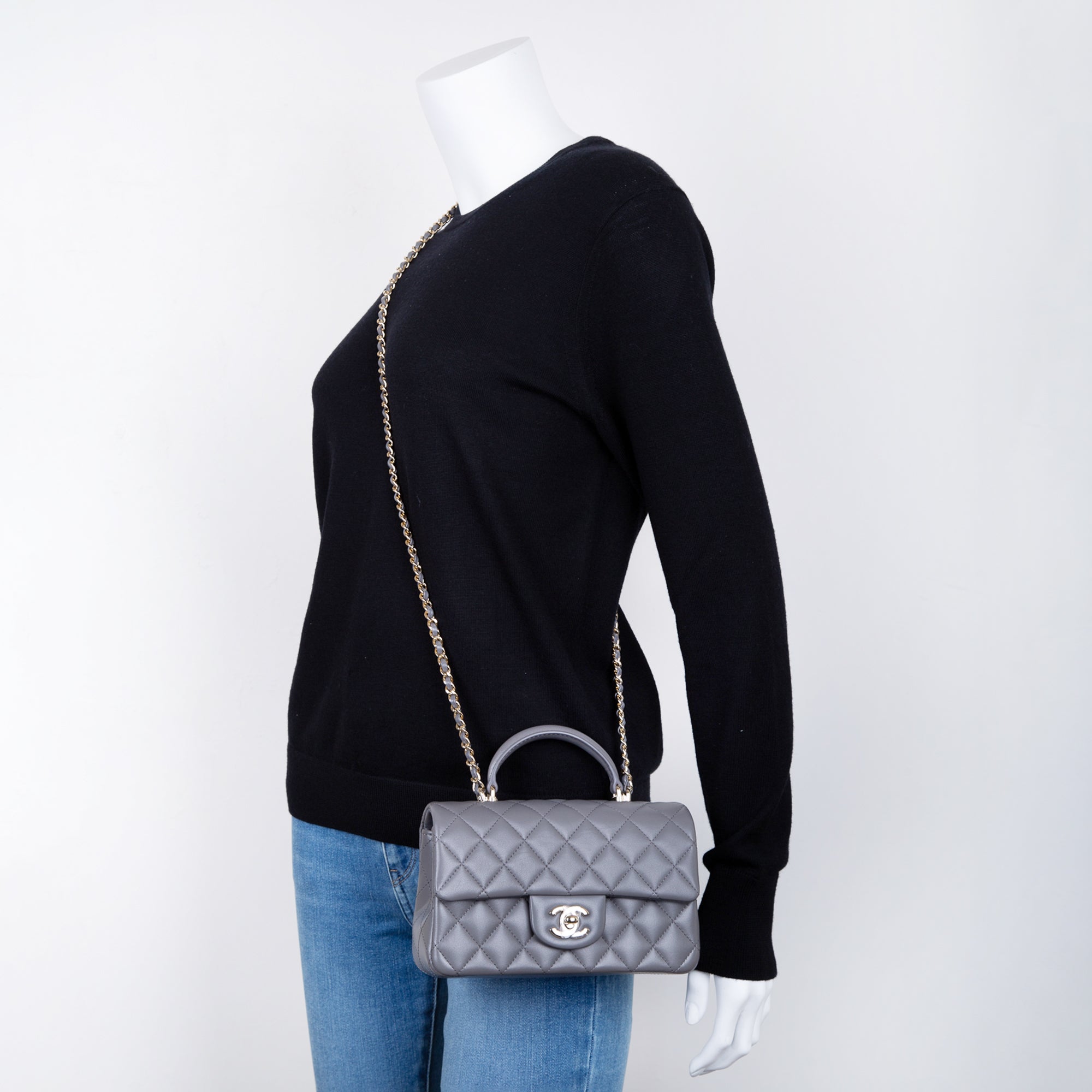 Chanel 2022 Grey Lambskin Quilted Mini Top Handle Rectangular Flap Bag w/ Box