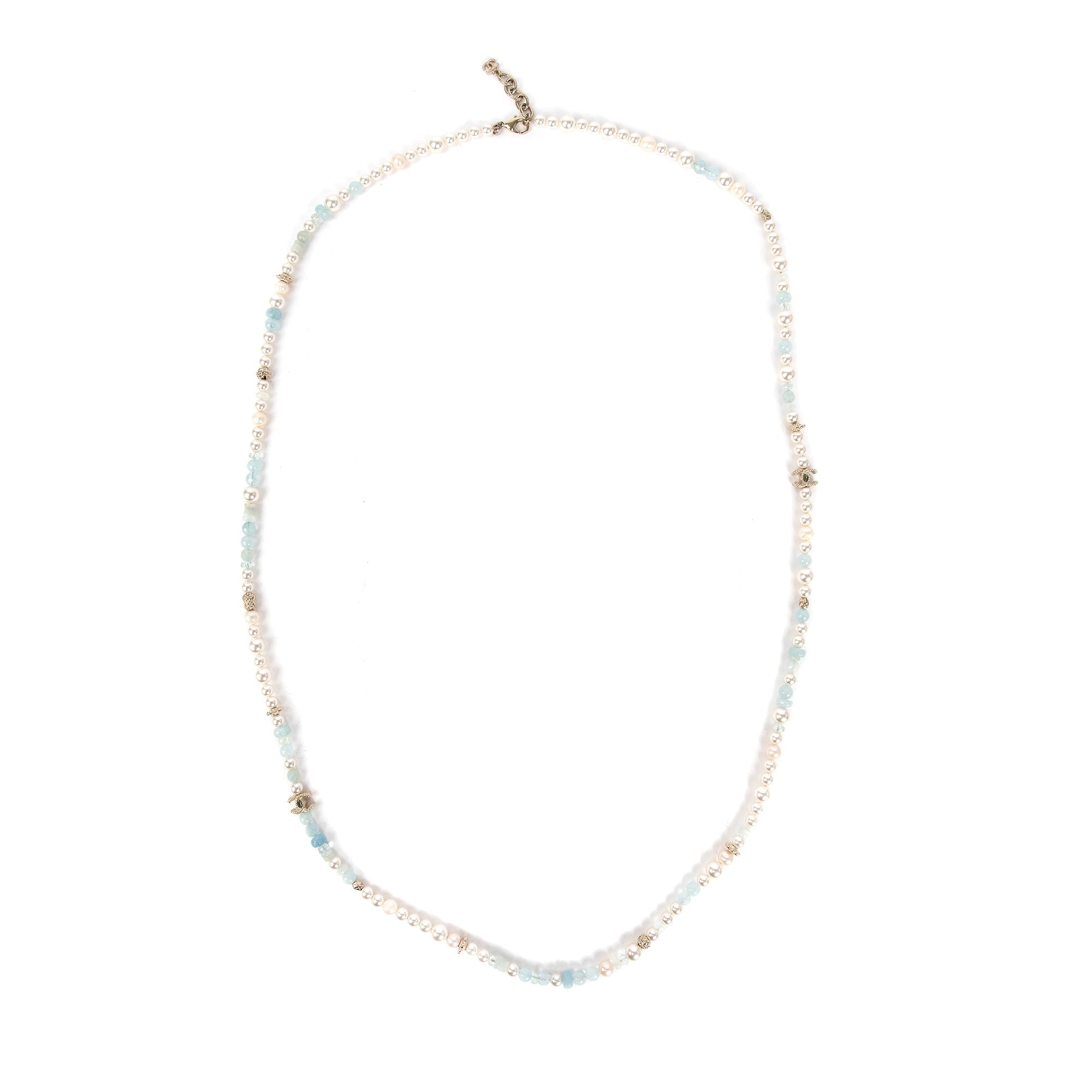 Chanel Aquamarine & Quartz Bead, Faux Pearl & CC Station Necklace w/ Box
