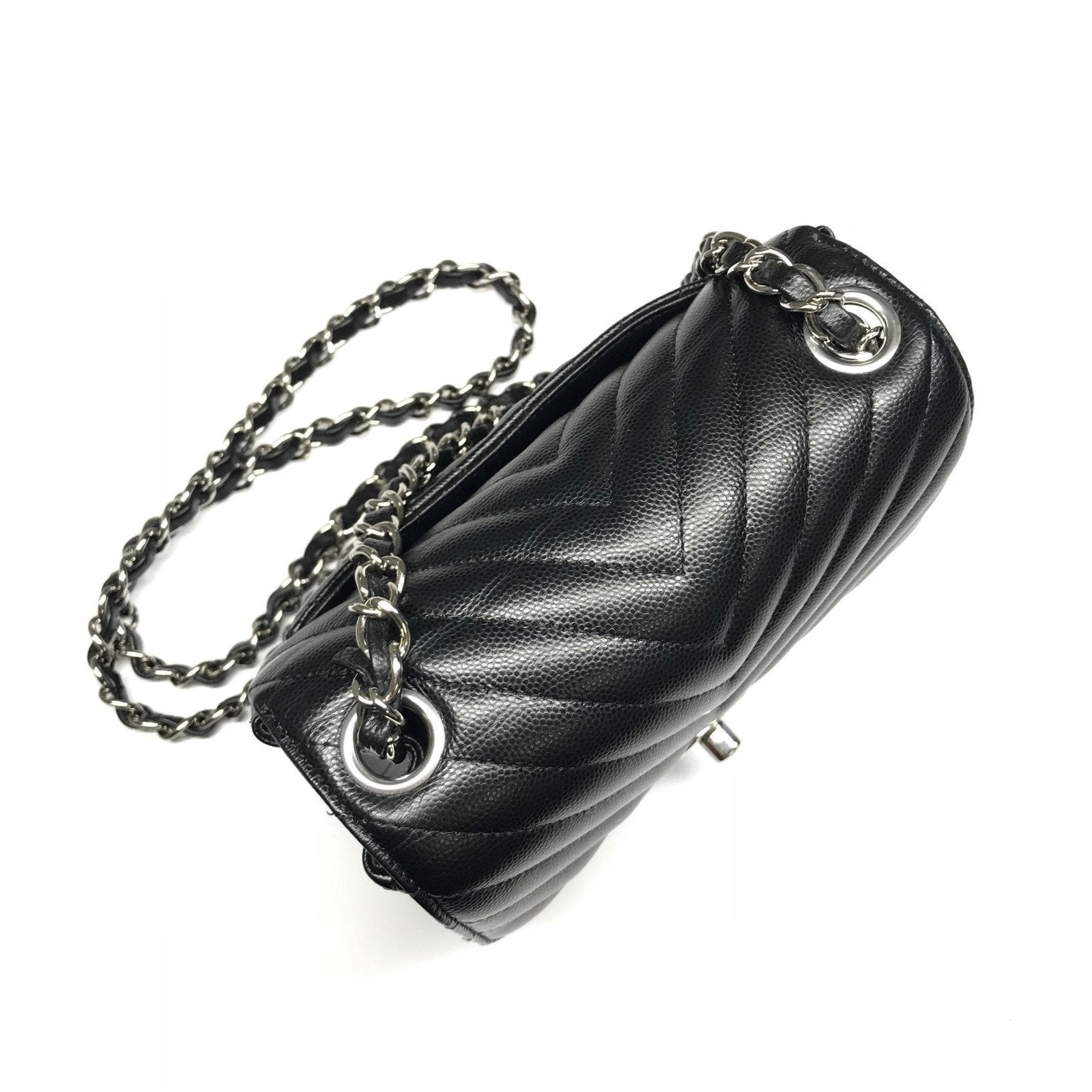 Chanel Black Caviar Chevron Mini Square Flap Handbag