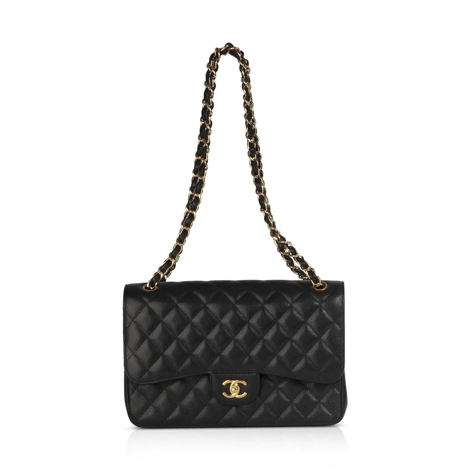 Chanel Black Caviar Classic Jumbo Double Flap Bag w/ Authenticity Card & Box