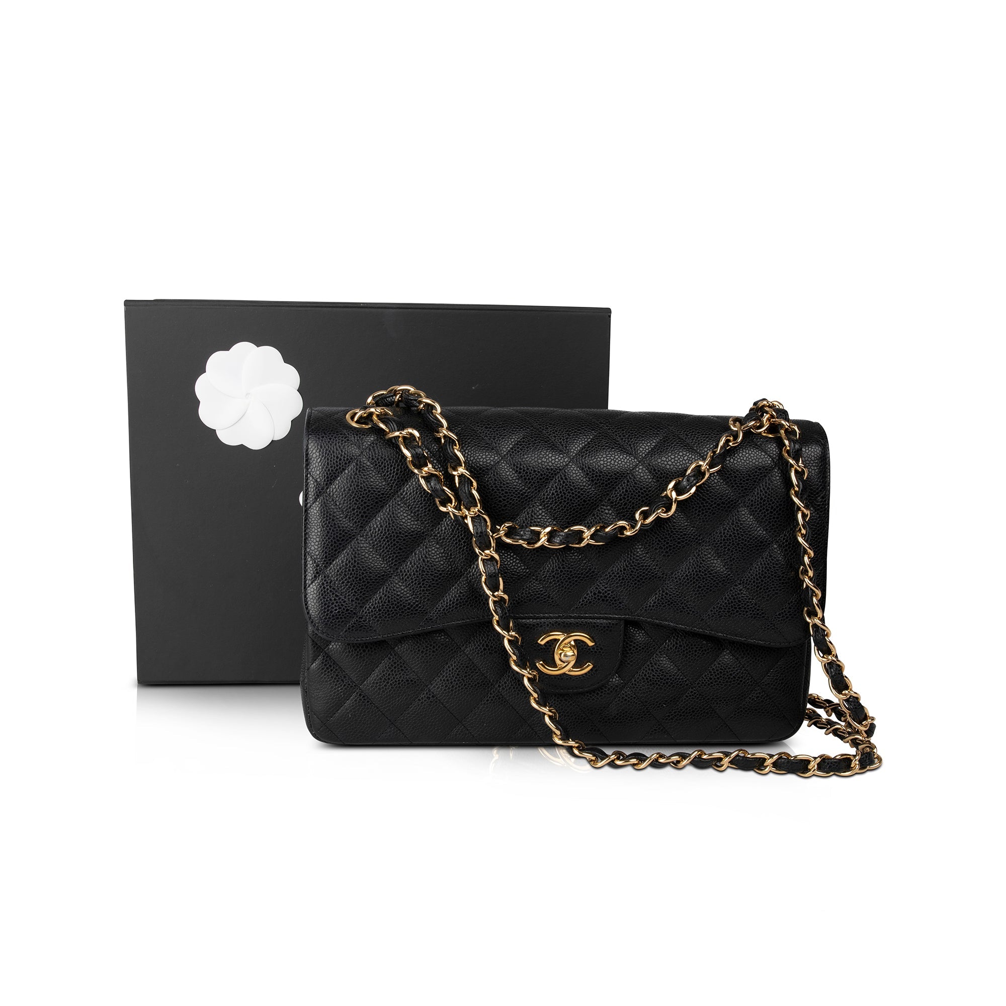 Chanel Black Caviar Classic Jumbo Double Flap Bag w/ Box, Receipt & Authenticity Card