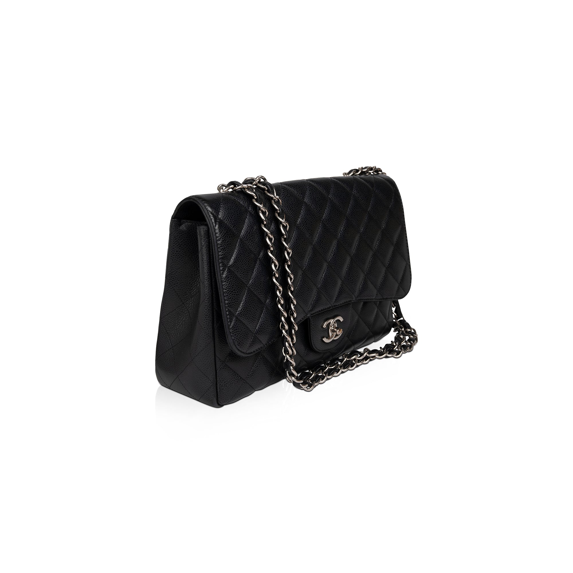 Chanel Black Caviar Classic Jumbo Single Flap Bag w/ Receipt & Authenticity Card
