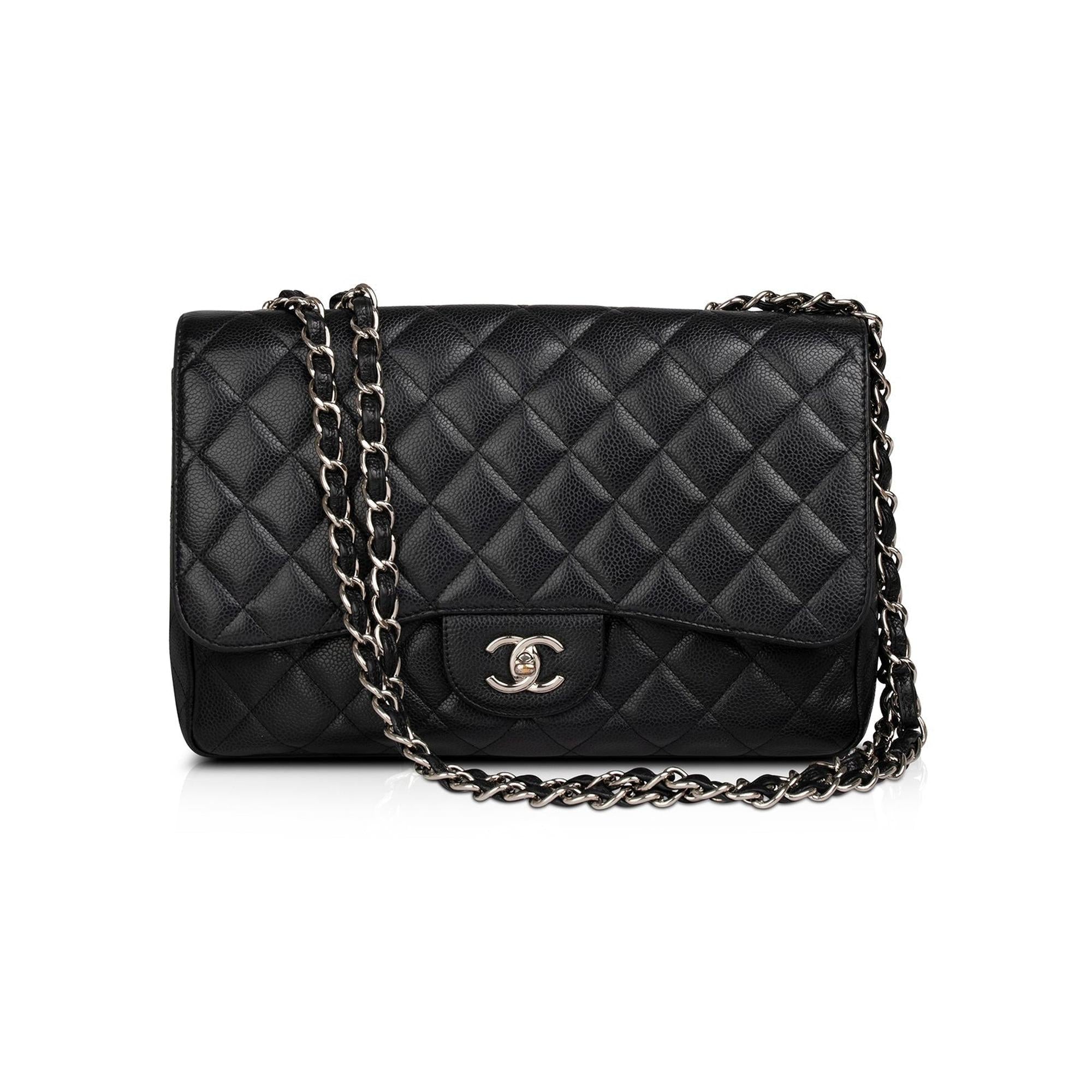 Chanel Black Caviar Classic Jumbo Single Flap Bag w/ Receipt & Authenticity Card