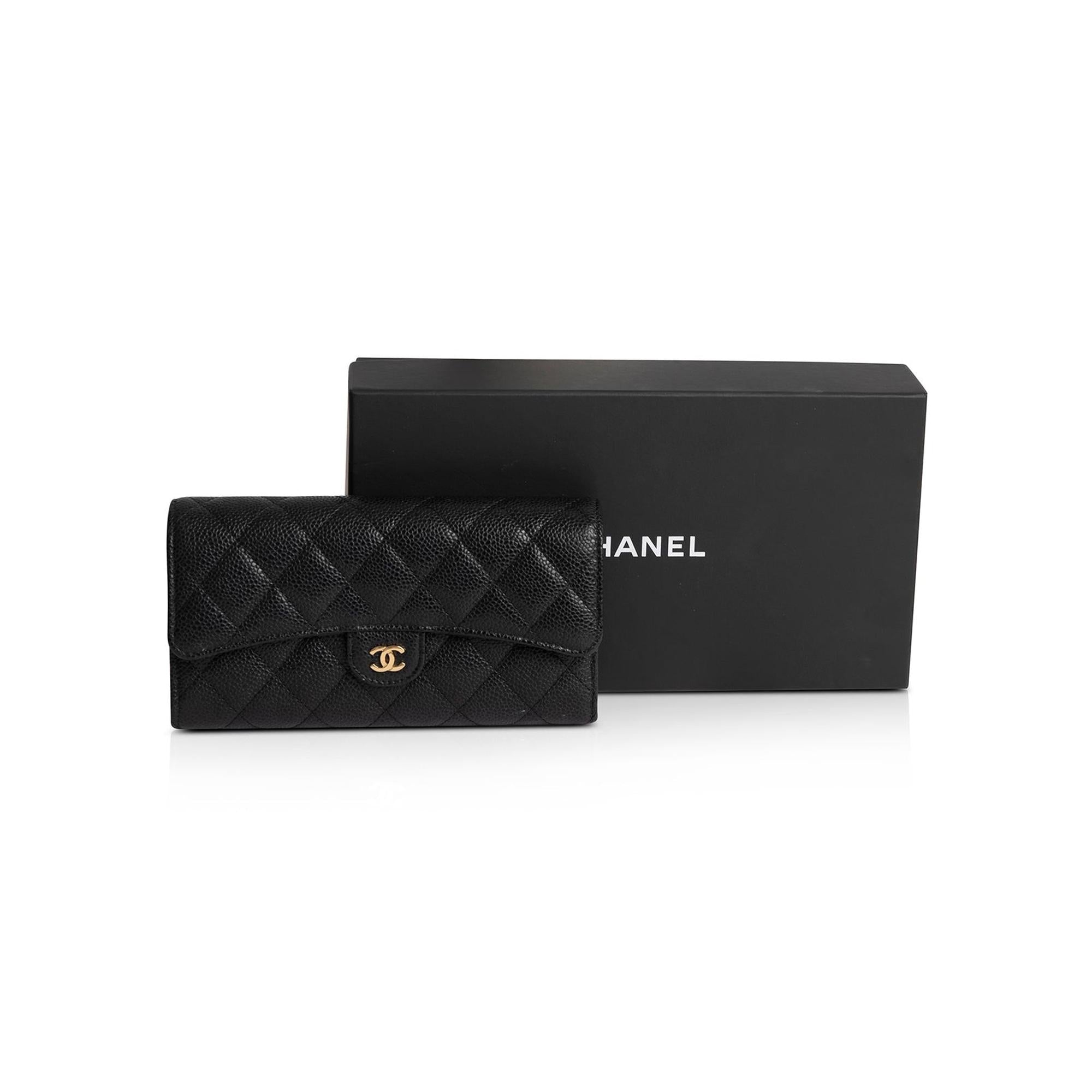 Chanel Black Caviar Classic Long Flap Wallet w/ Box & Authenticity Card