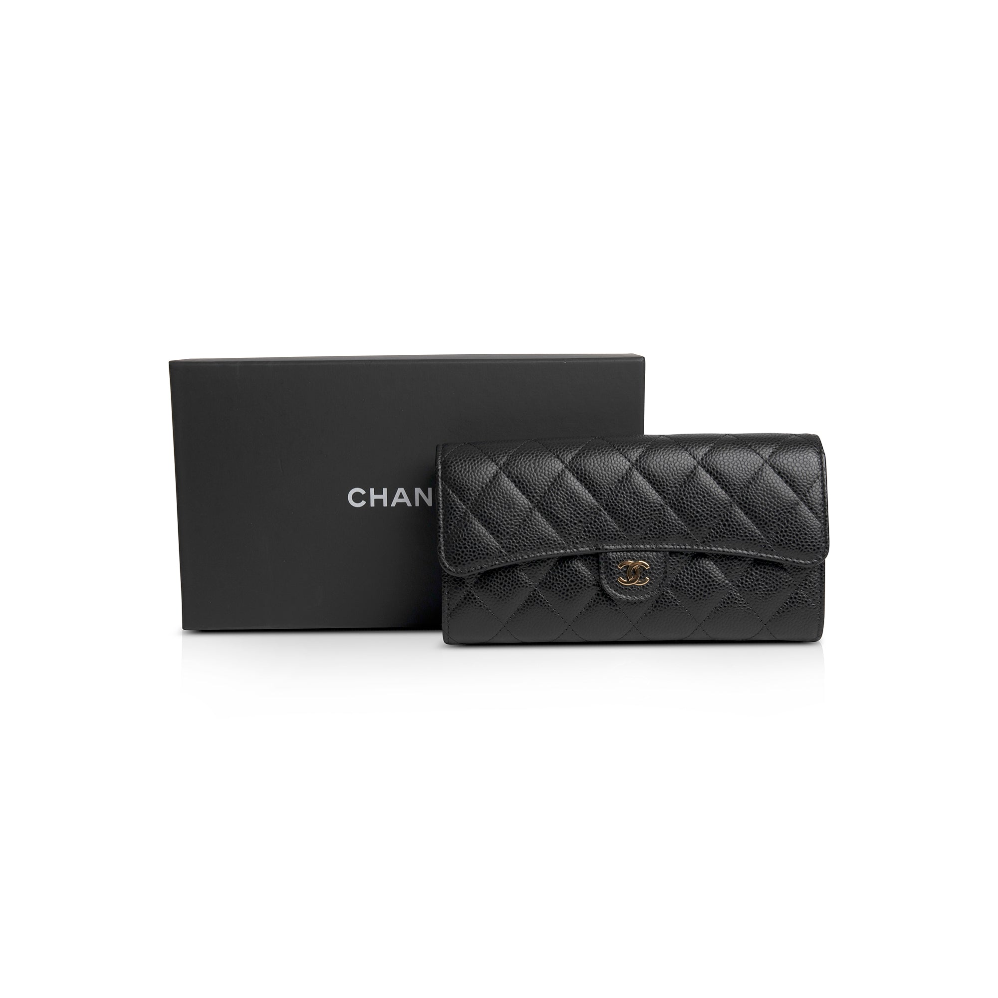 Chanel Black Caviar Classic Long Flap Wallet w/ Box