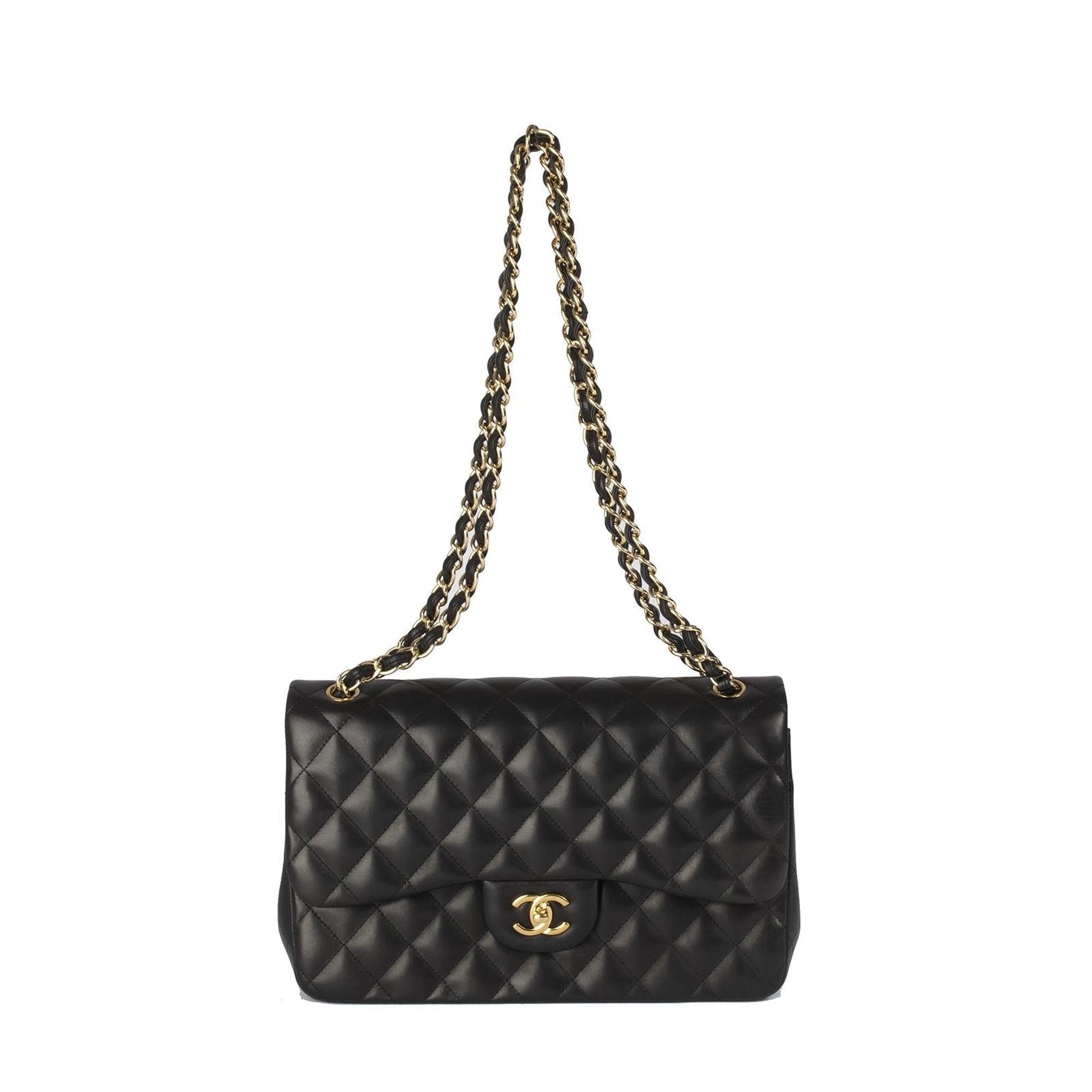 Chanel Black Lambskin Classic Jumbo Double Flap Bag w/ Box