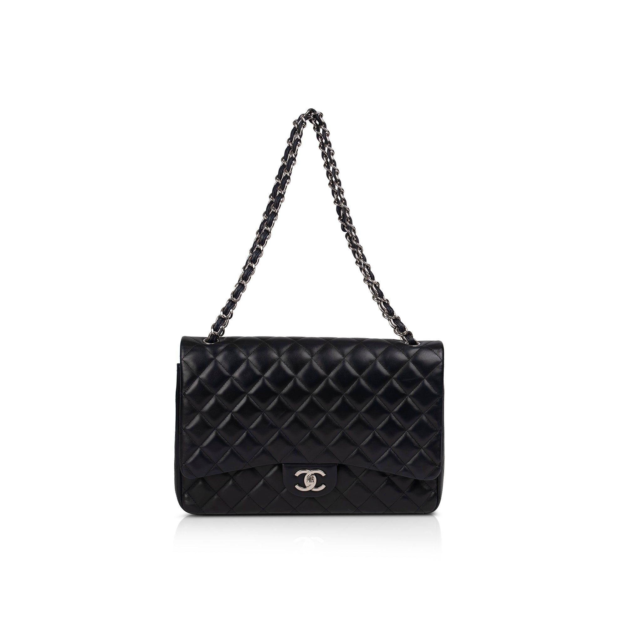 Chanel Black Lambskin Classic Maxi Double Flap Bag w/ Box