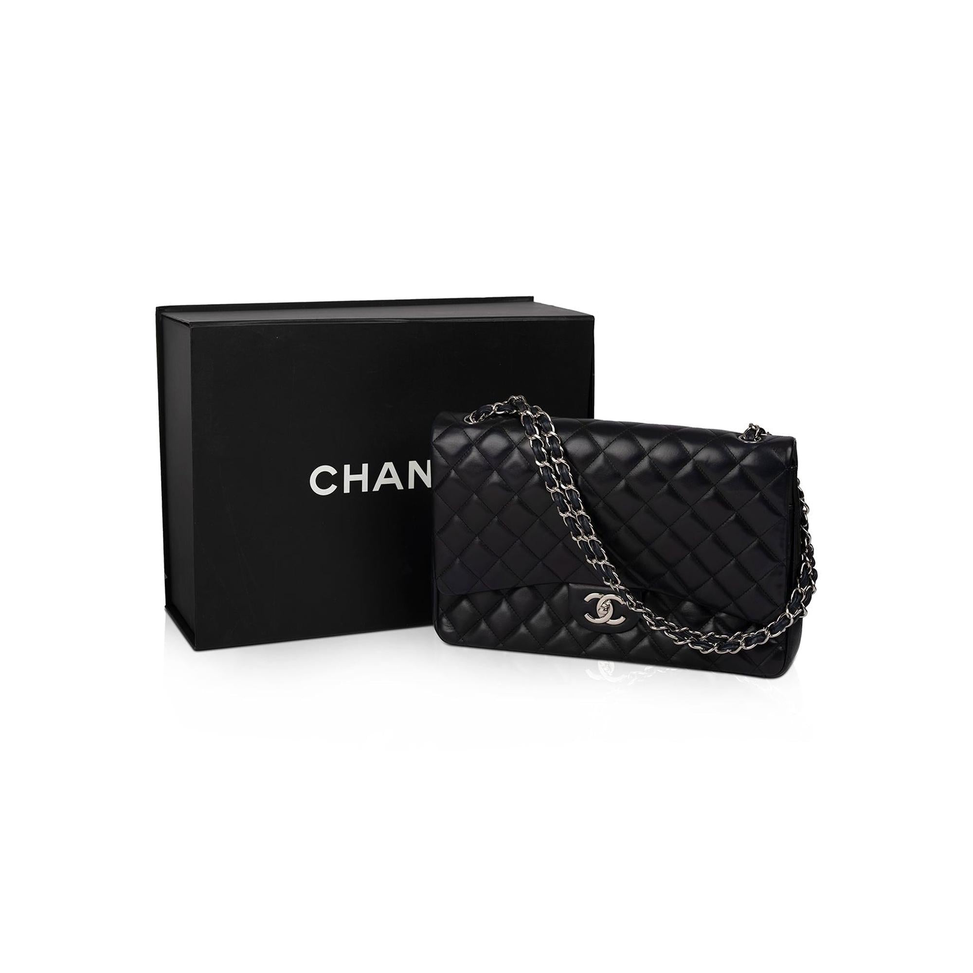 Chanel Black Lambskin Classic Maxi Double Flap Bag w/ Box