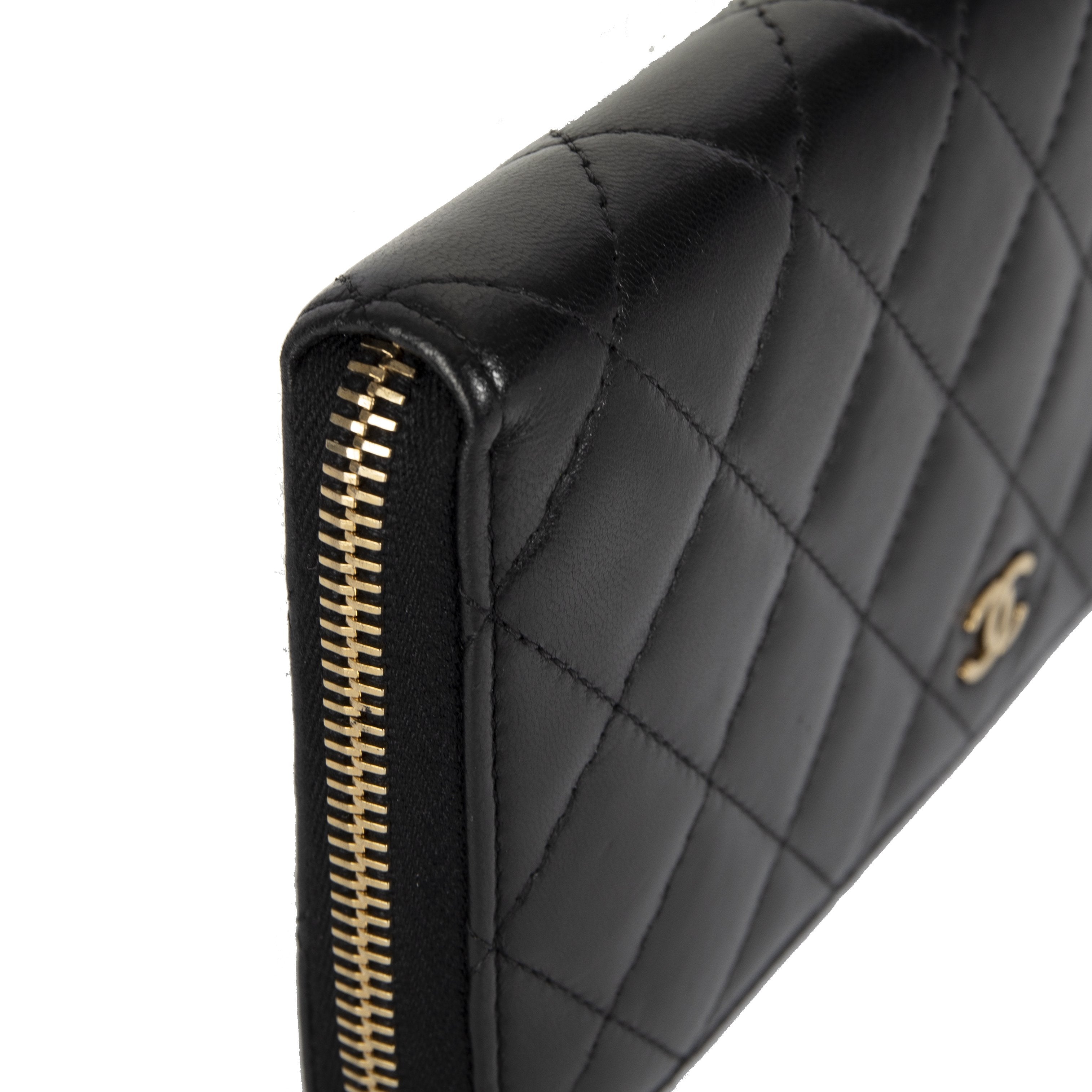 Chanel Black Lambskin Quilted Long Zip Wallet