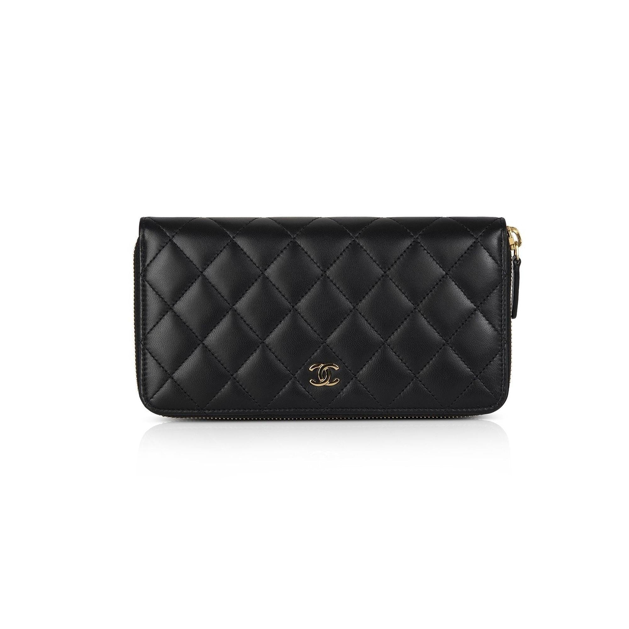 Chanel Black Lambskin Quilted Zip Wallet w/ Box & Authenticity Card