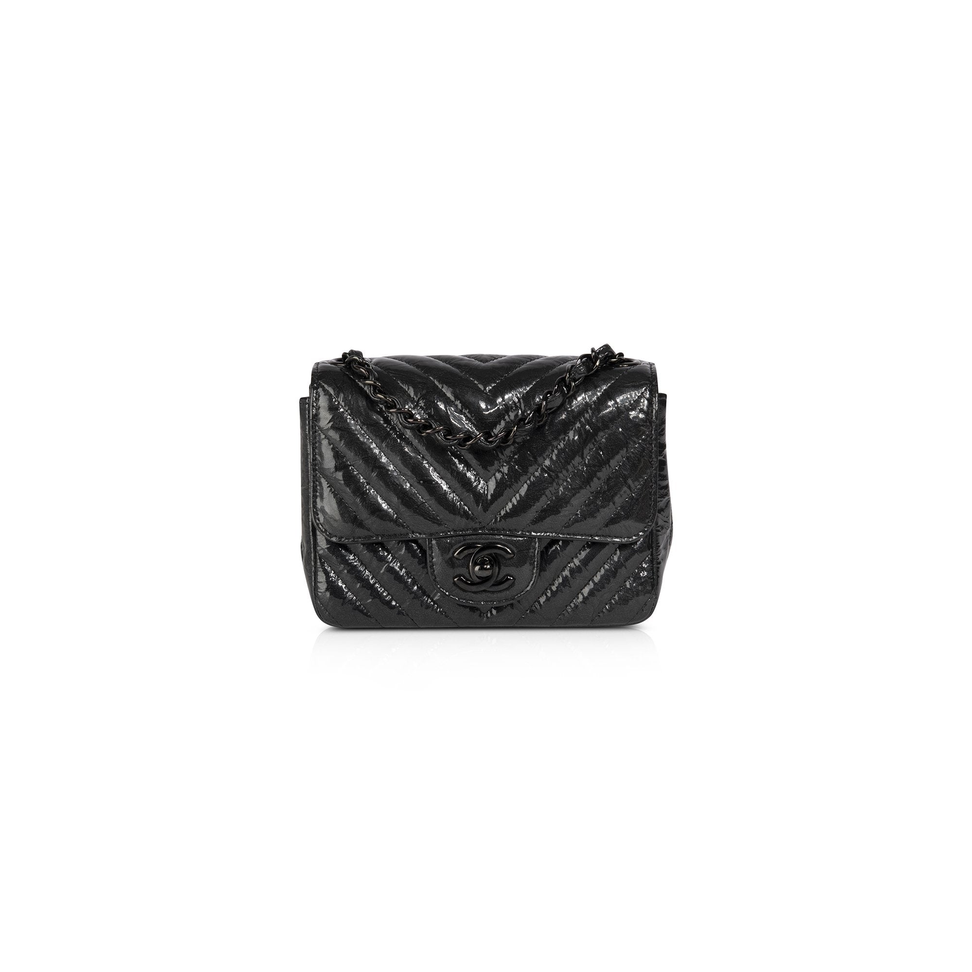 Chanel Black Patent Chevron Classic Mini Square Flap Bag w/ Box & Authenticity Card