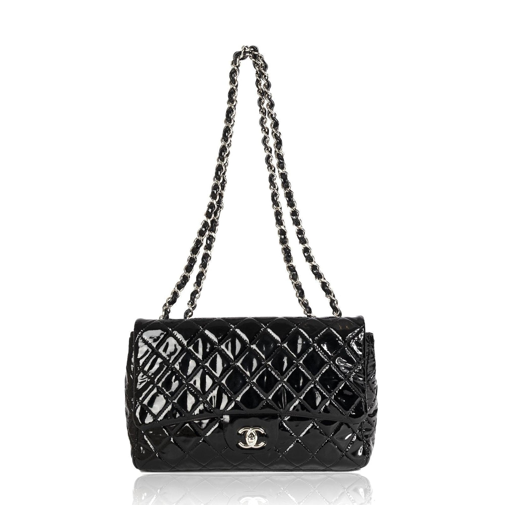 Chanel Black Patent Leather Classic Jumbo Single Flap Bag