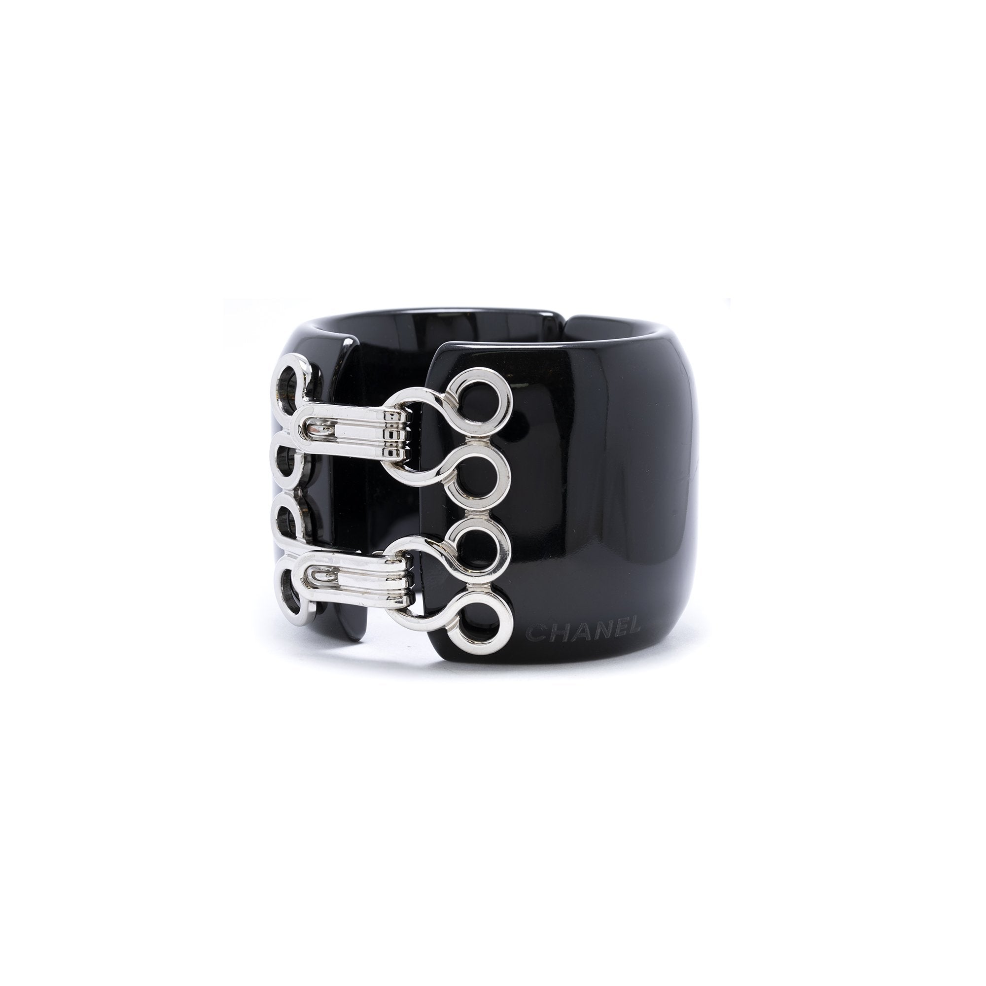Chanel Black Resin Hinged Cuff Bangle w/ Box