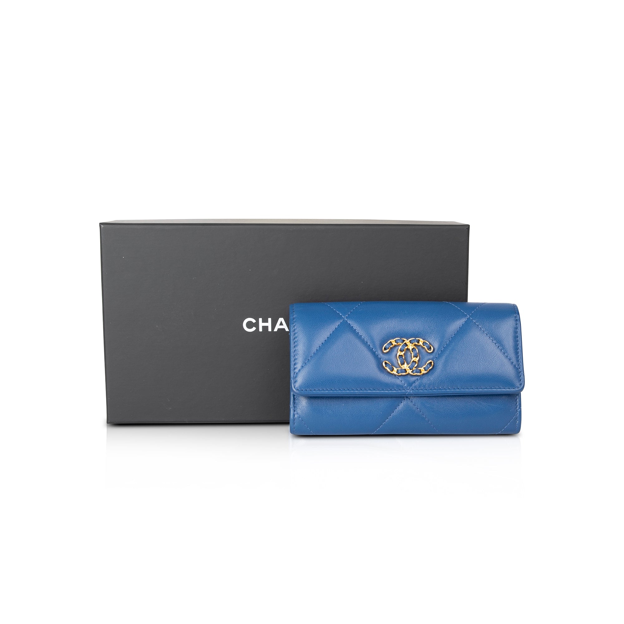 Chanel Blue Lambskin 19 Flap Wallet W/ Box & Authenticity Card