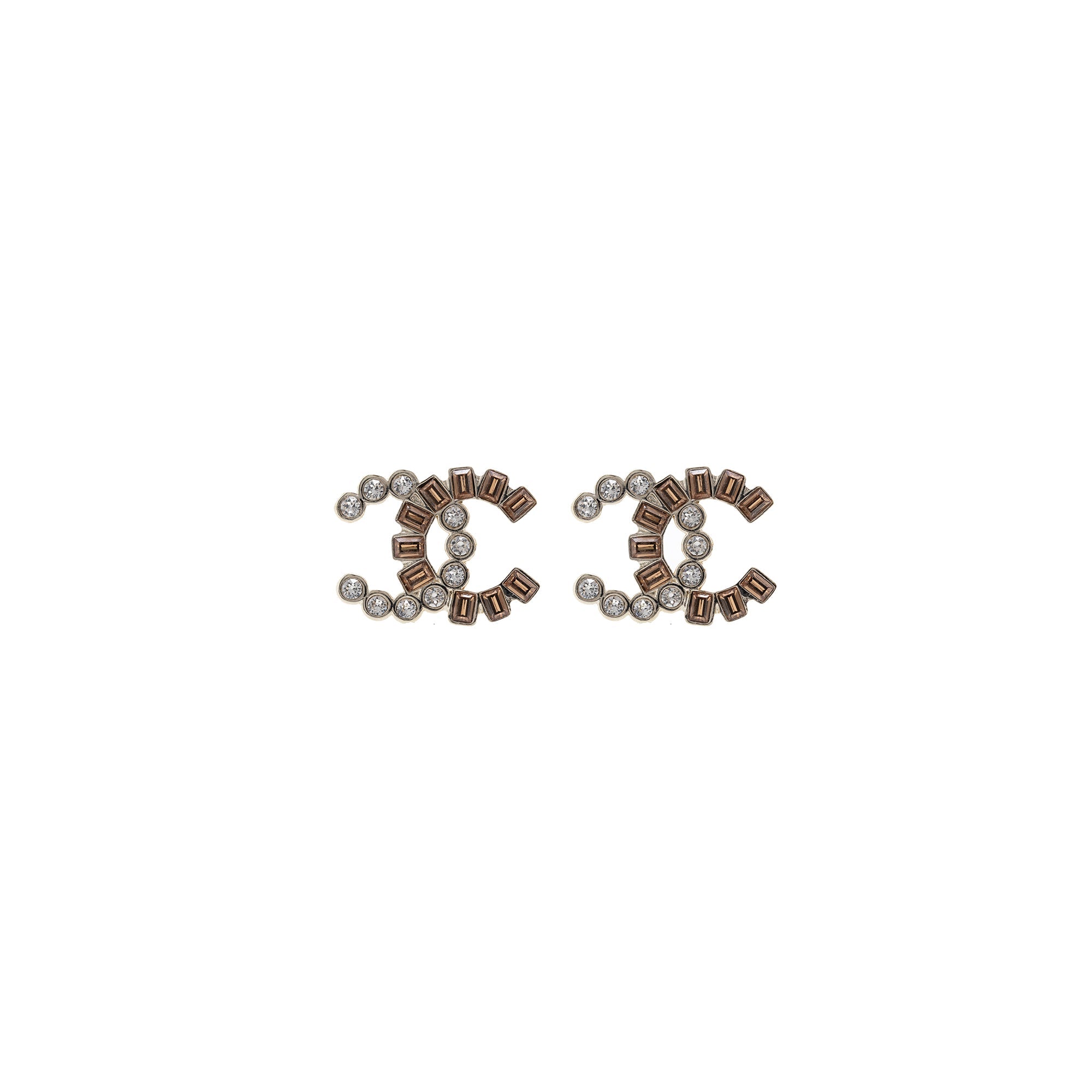 Chanel Brown & White Crystal CC Stud Earrings w/ Box