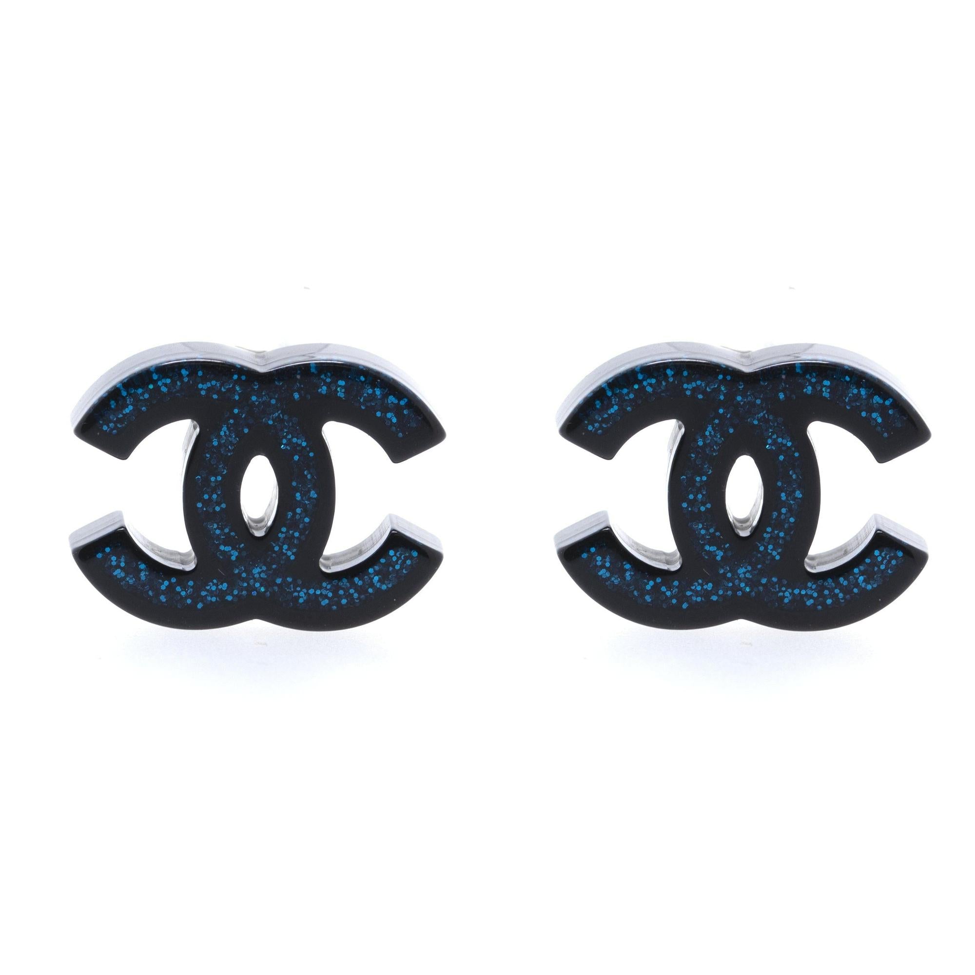 Chanel CC Glitter & Resin Stud Earrings w/ Box