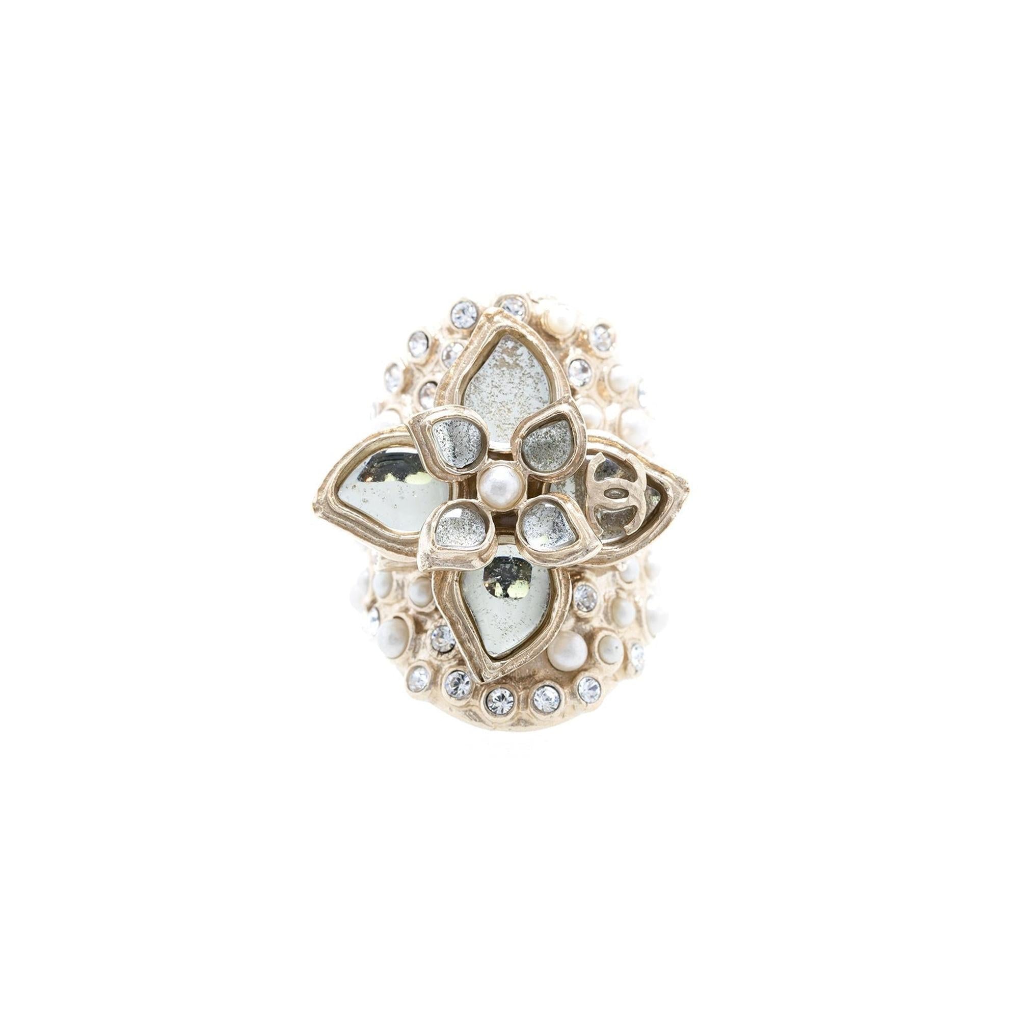 Chanel Crystal & Faux Pearl Cocktail Ring w/ Box