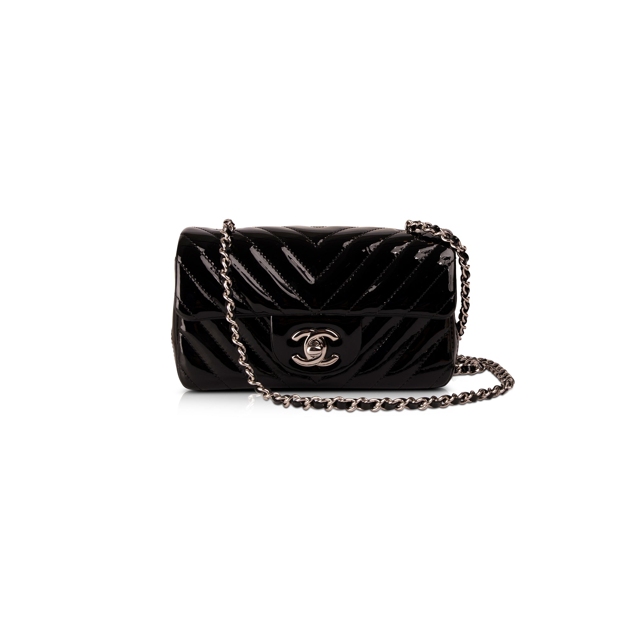 Chanel Extra Mini Black Chevron Patent Leather Classic Single Flap Bag w/ Box & Authenticity Card