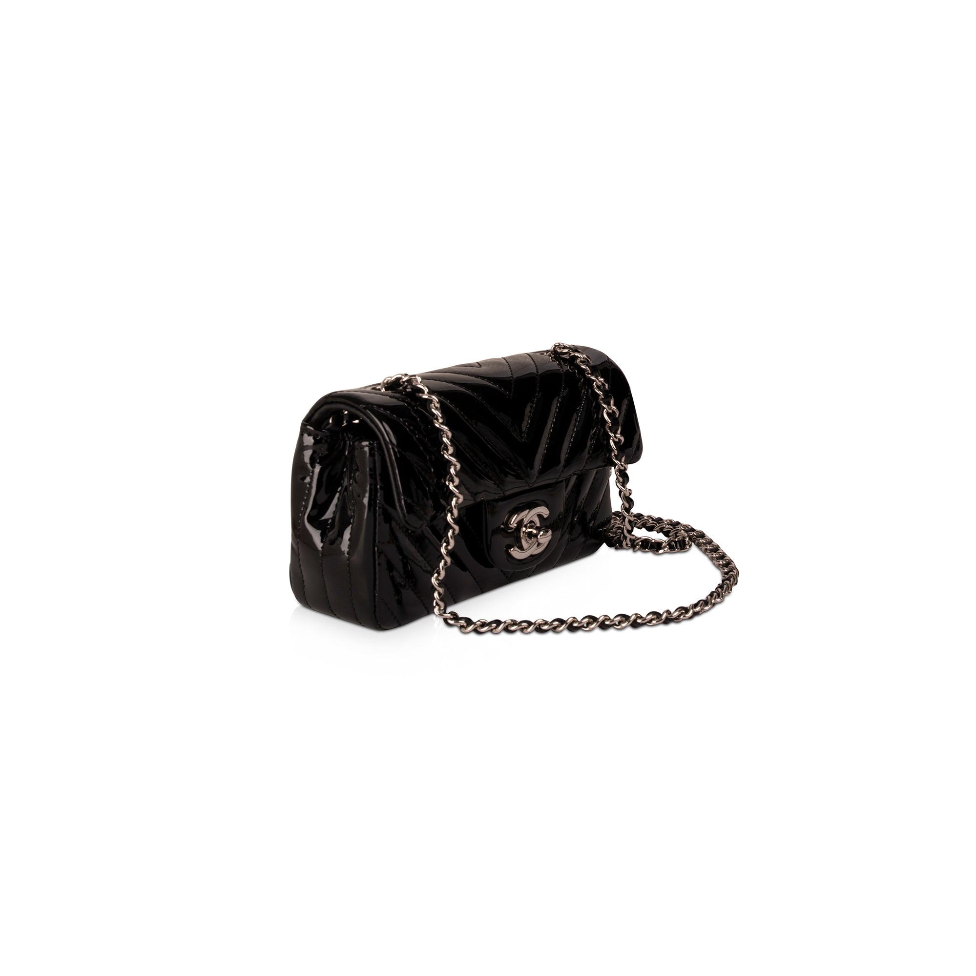 Chanel Extra Mini Black Chevron Patent Leather Classic Single Flap Bag w/ Box & Authenticity Card