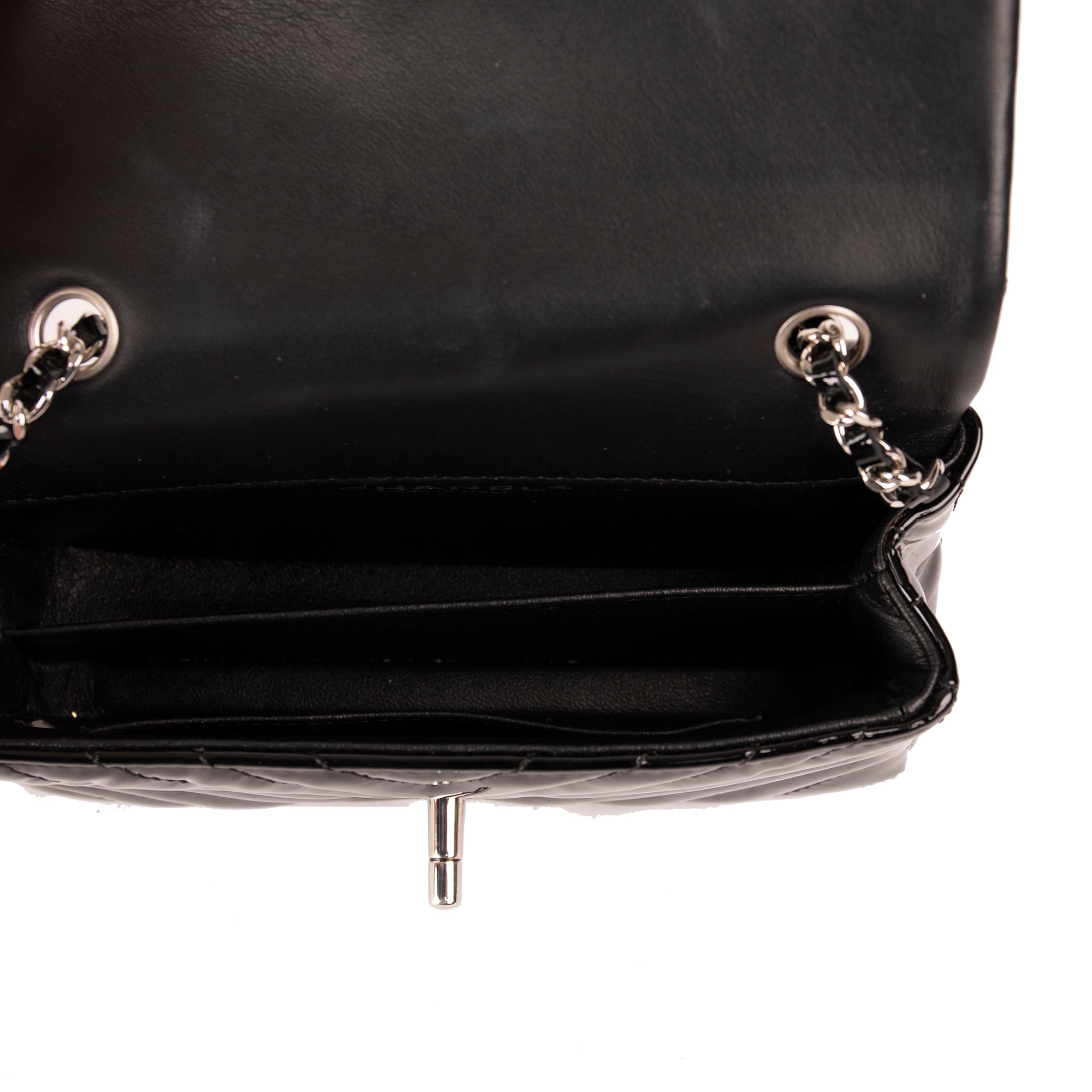 Chanel Extra Mini Black Chevron Patent Leather Classic Single Flap Bag w/ Box & Authenticity Card