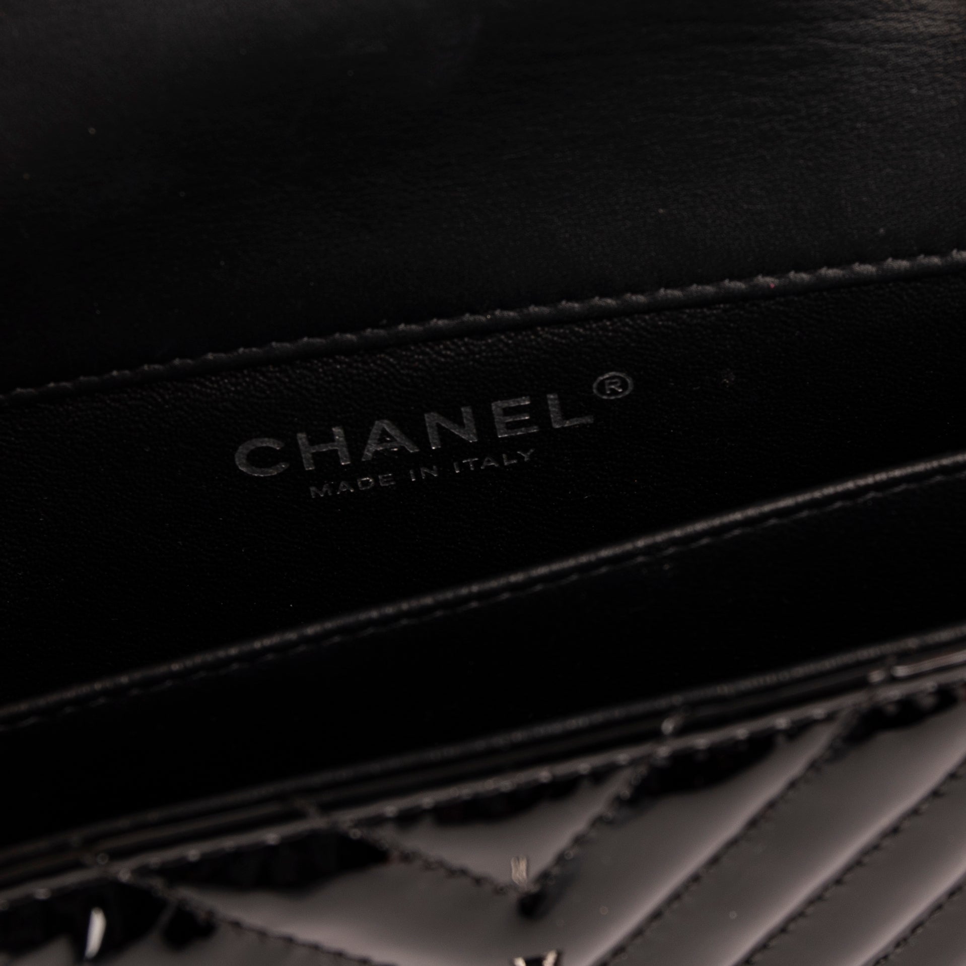 Chanel Extra Mini Black Chevron Patent Leather Classic Single Flap Bag w/ Box & Authenticity Card