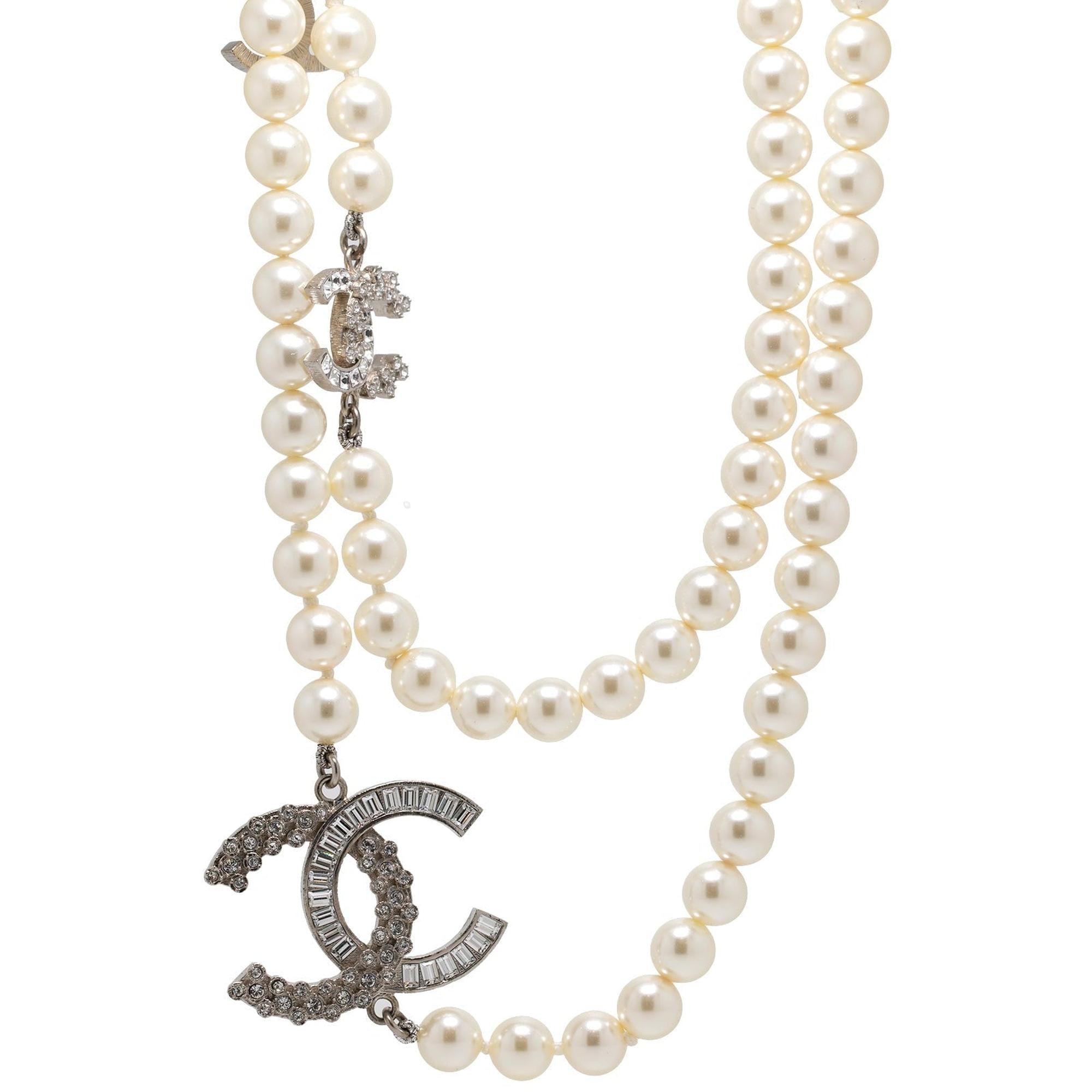 Chanel Faux Pearl & Crystal CC Necklace w/ Box