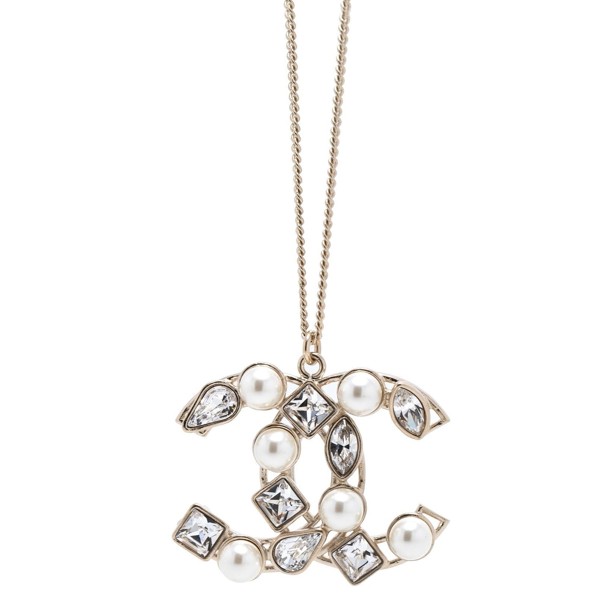 Chanel Faux Pearl & Crystal CC Pendant Necklace