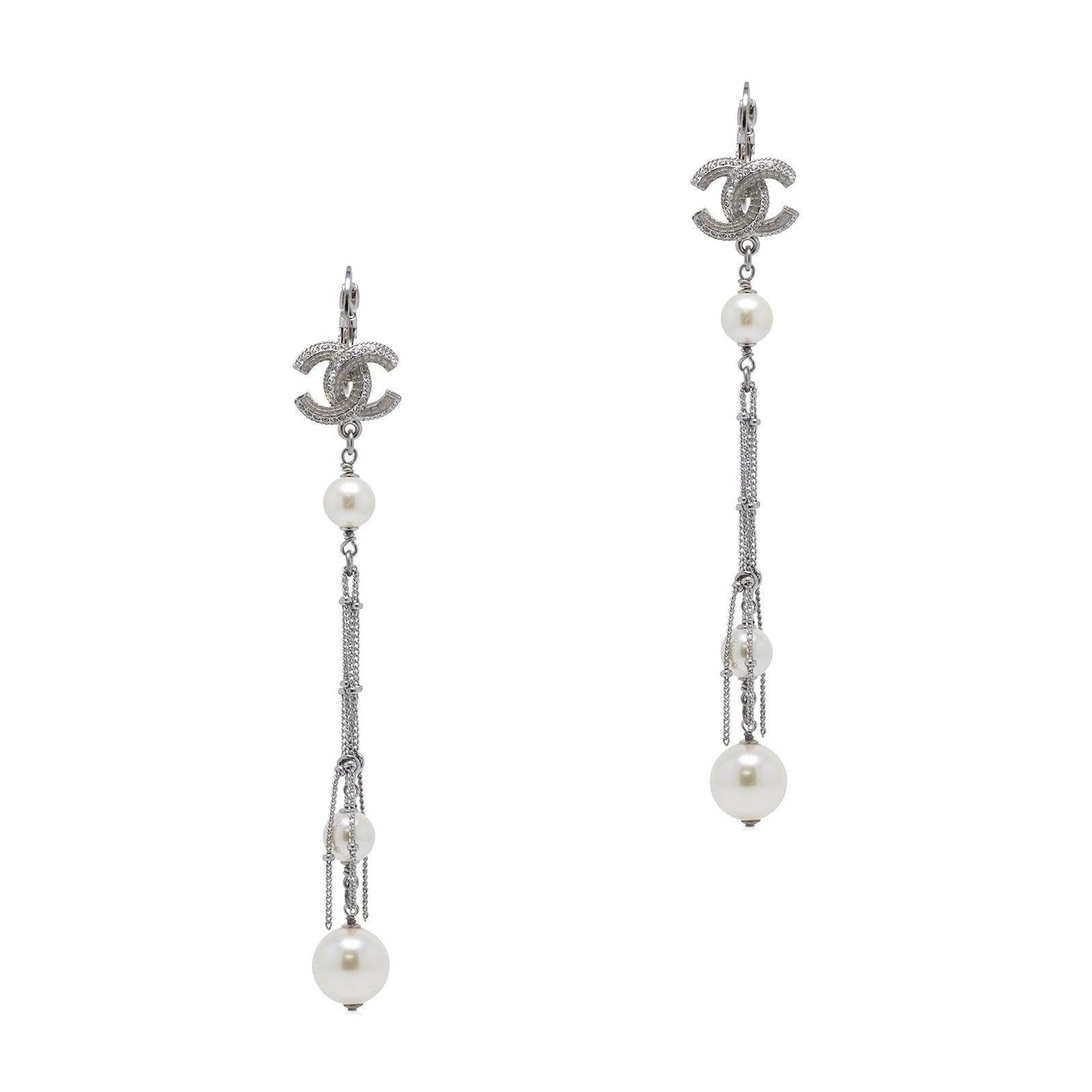 Chanel Faux Pearl & Strass CC Tassel Earrings
